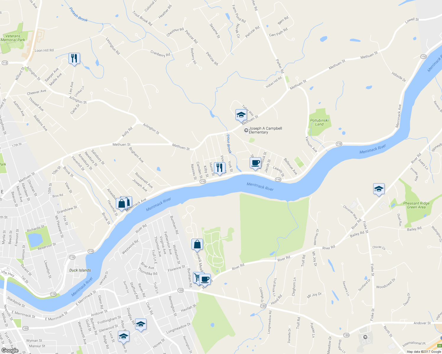 map of restaurants, bars, coffee shops, grocery stores, and more near 512 Merrimack Avenue in Dracut