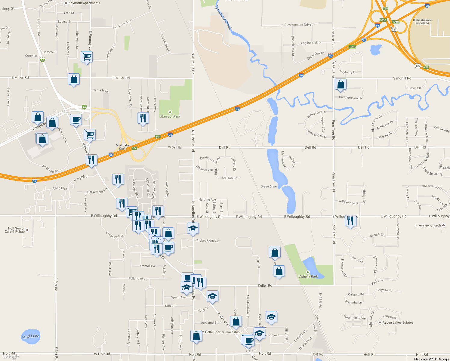 map of restaurants, bars, coffee shops, grocery stores, and more near 4387 Keelson Drive in Lansing