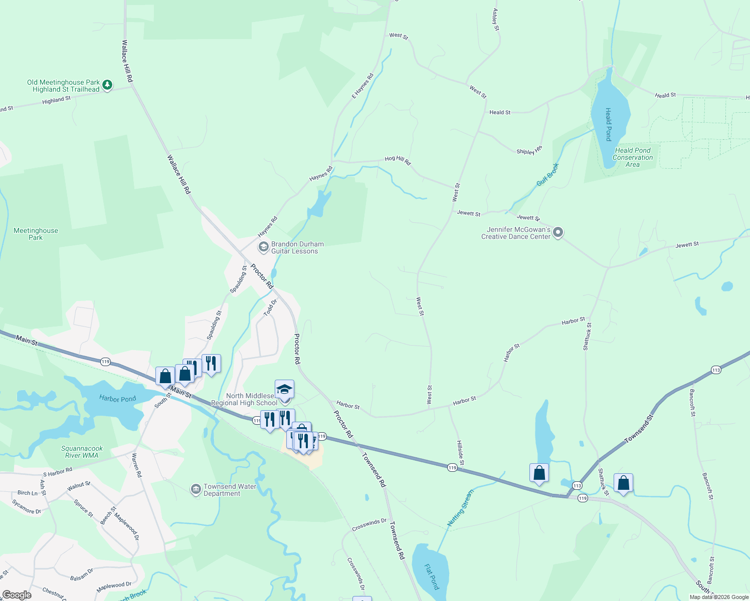 map of restaurants, bars, coffee shops, grocery stores, and more near 4 Wilderness Way in Pepperell