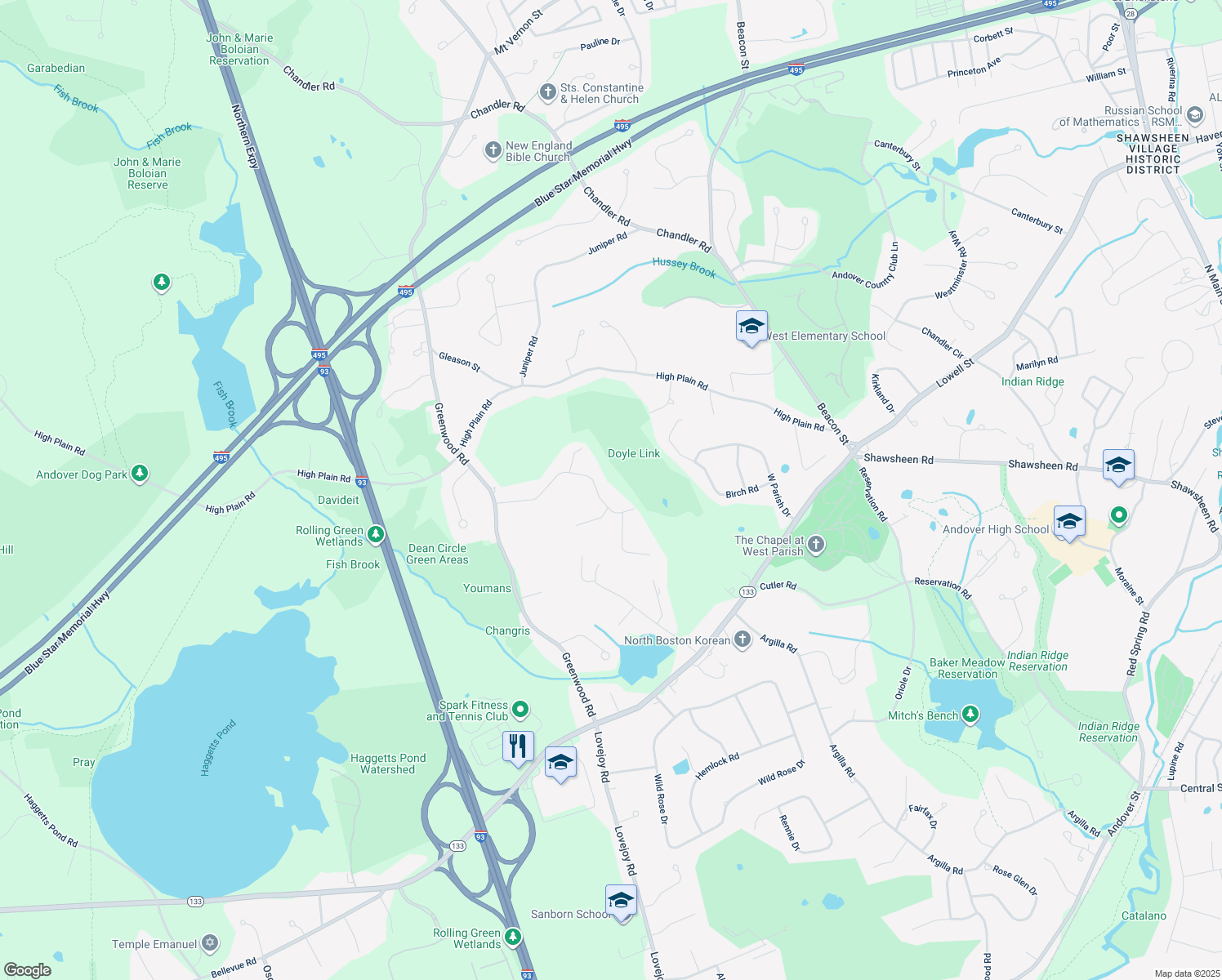 map of restaurants, bars, coffee shops, grocery stores, and more near 24 Candlewood Drive in Andover