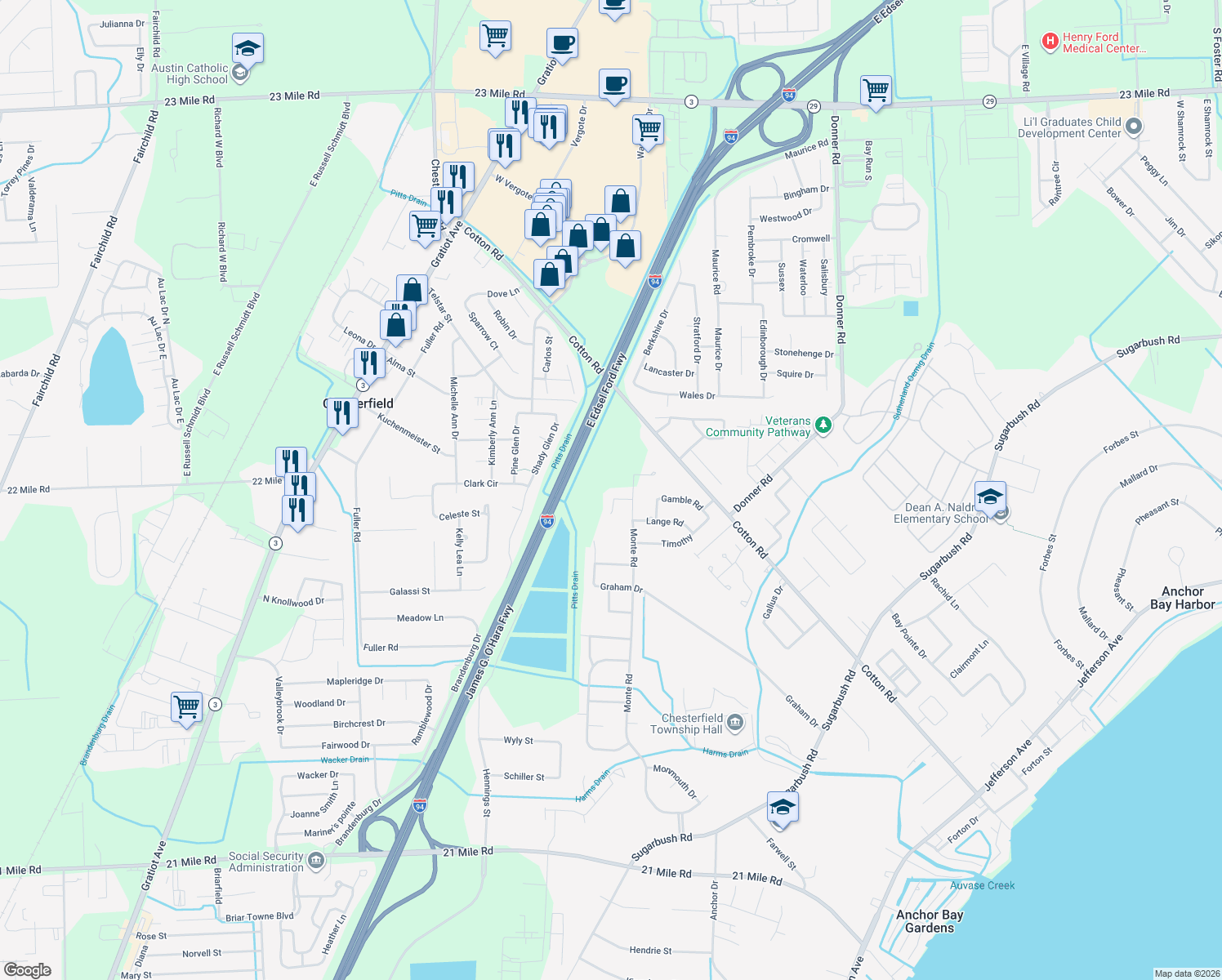 map of restaurants, bars, coffee shops, grocery stores, and more near 28311 Gold in New Baltimore