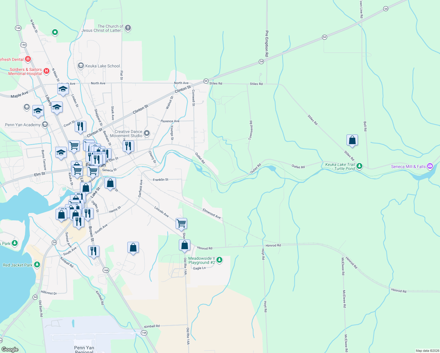 map of restaurants, bars, coffee shops, grocery stores, and more near 1934 Outlet Road in Penn Yan