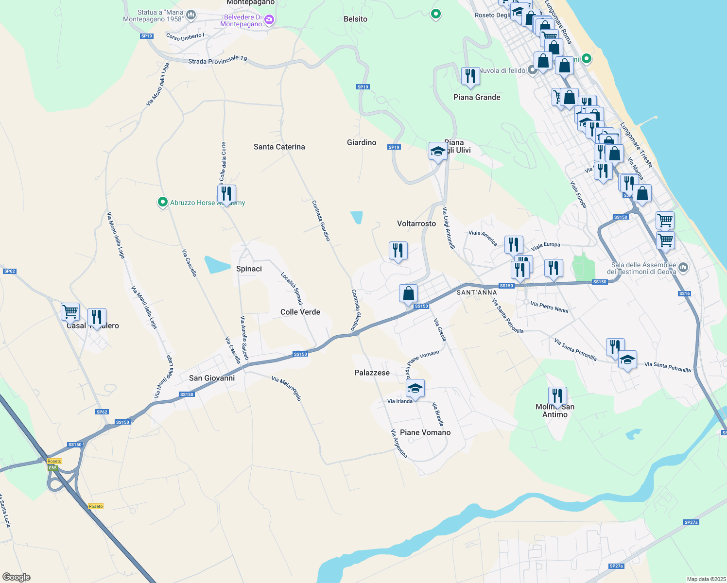 map of restaurants, bars, coffee shops, grocery stores, and more near 18 Via le Quote in Roseto degli Abruzzi