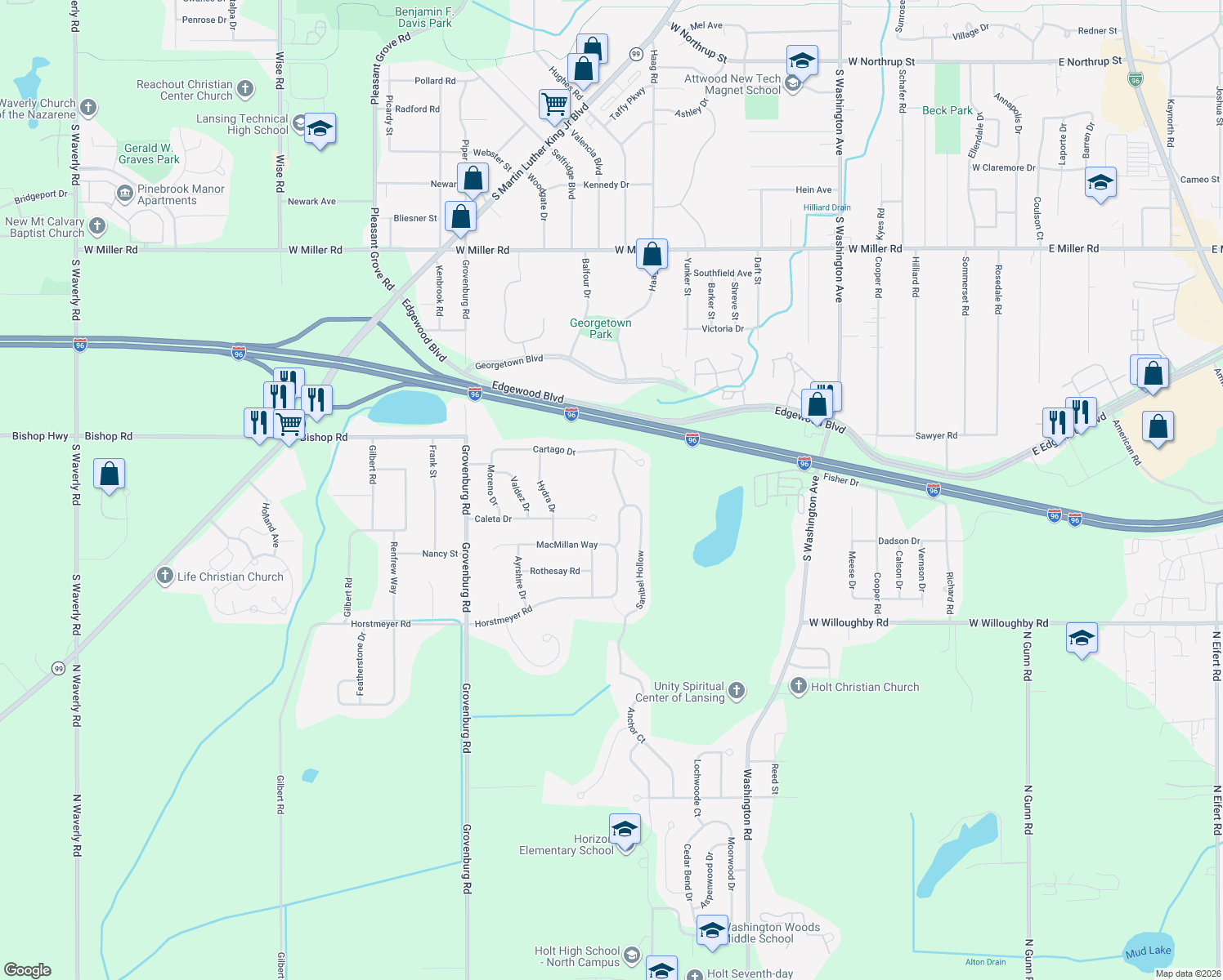 map of restaurants, bars, coffee shops, grocery stores, and more near 2683 Little Hickory Dr in Lansing