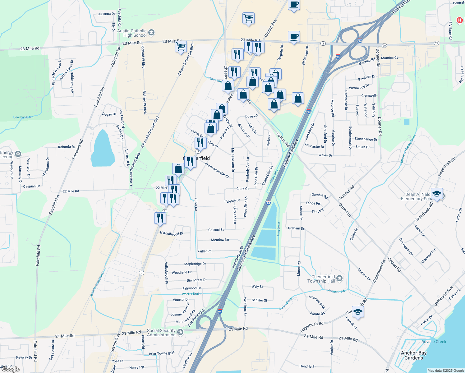 map of restaurants, bars, coffee shops, grocery stores, and more near 26973 Clark Circle in New Baltimore