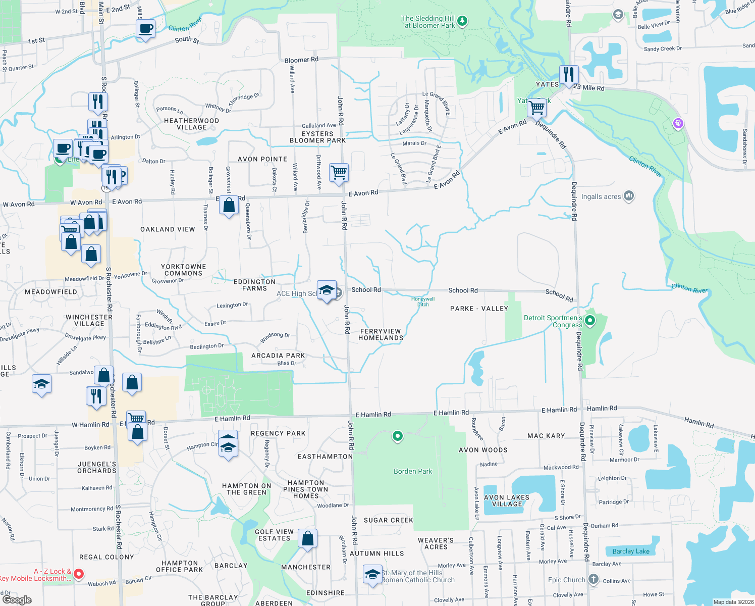 map of restaurants, bars, coffee shops, grocery stores, and more near 1460 Gravel Ridge Drive in Rochester Hills