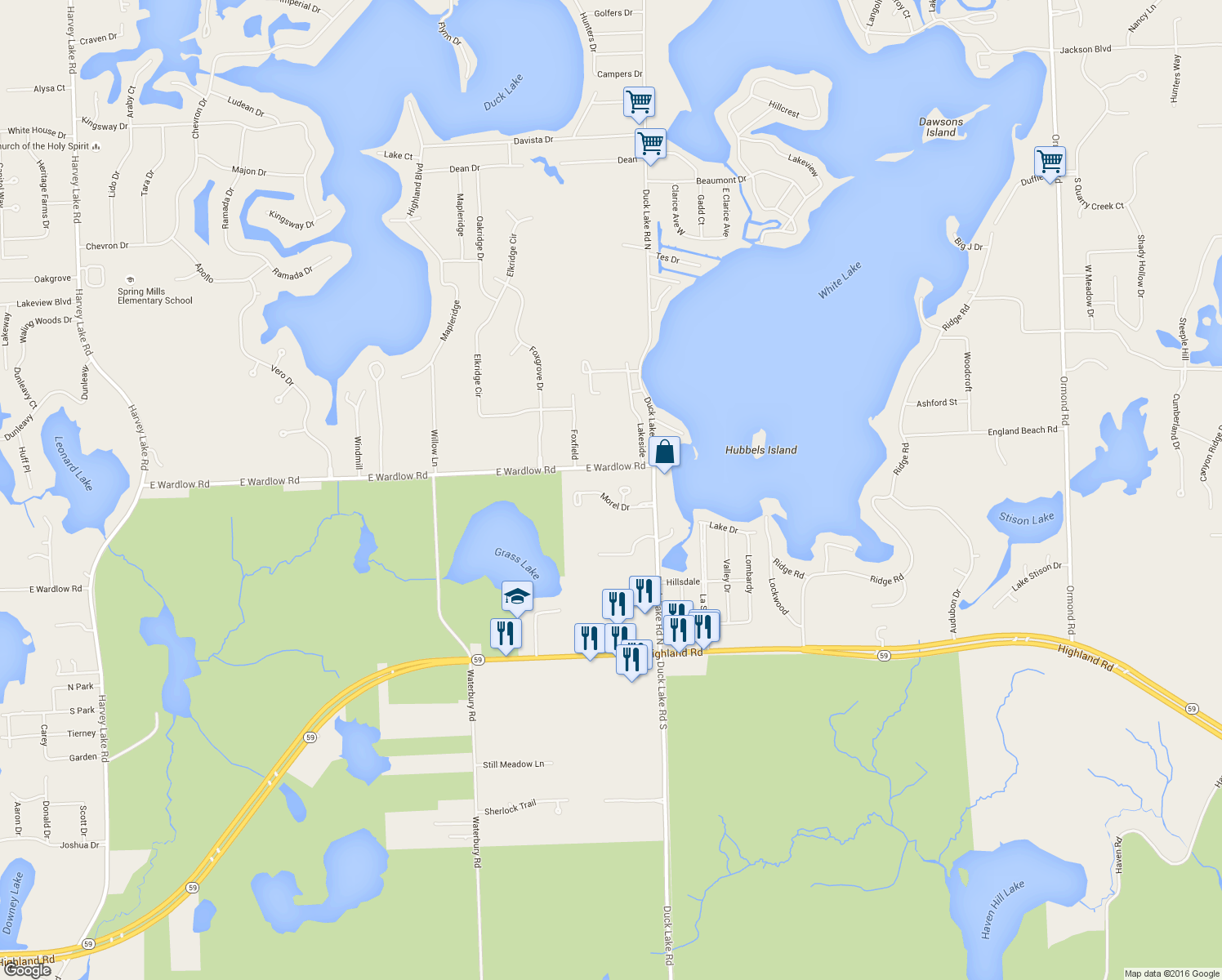 map of restaurants, bars, coffee shops, grocery stores, and more near 2749 Morel Drive in Highland charter Township