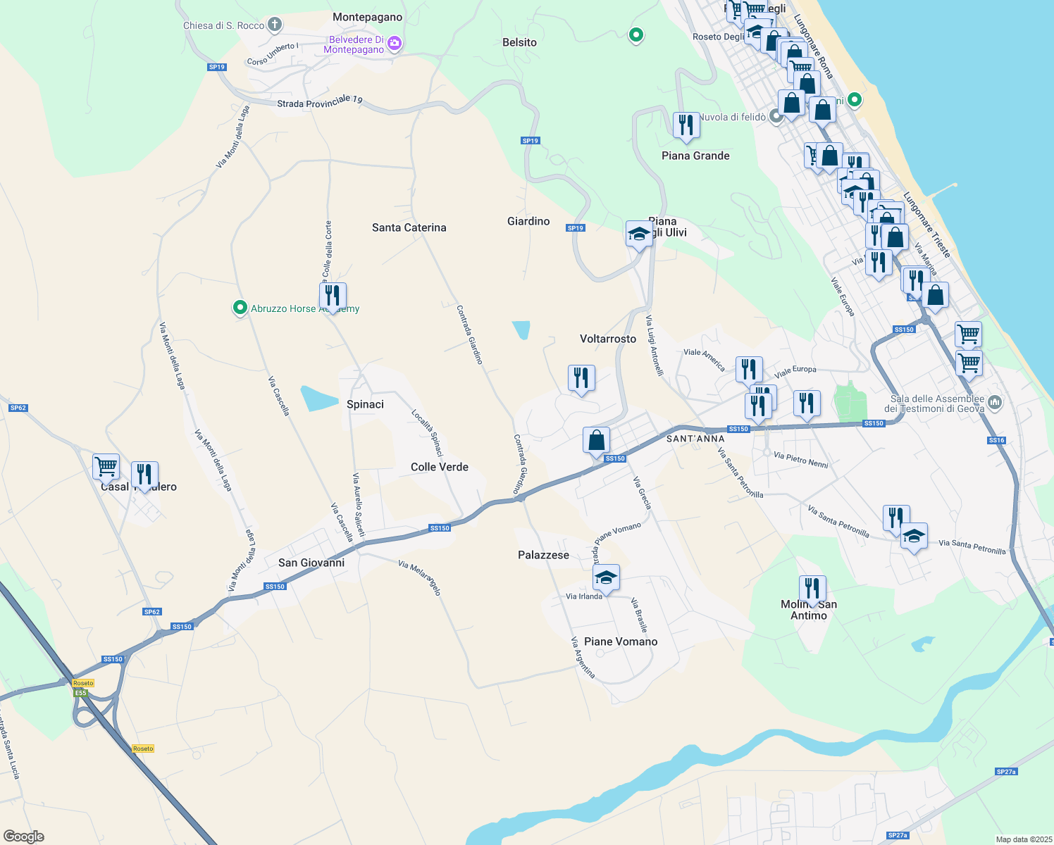 map of restaurants, bars, coffee shops, grocery stores, and more near 18 Via le Quote in Roseto degli Abruzzi