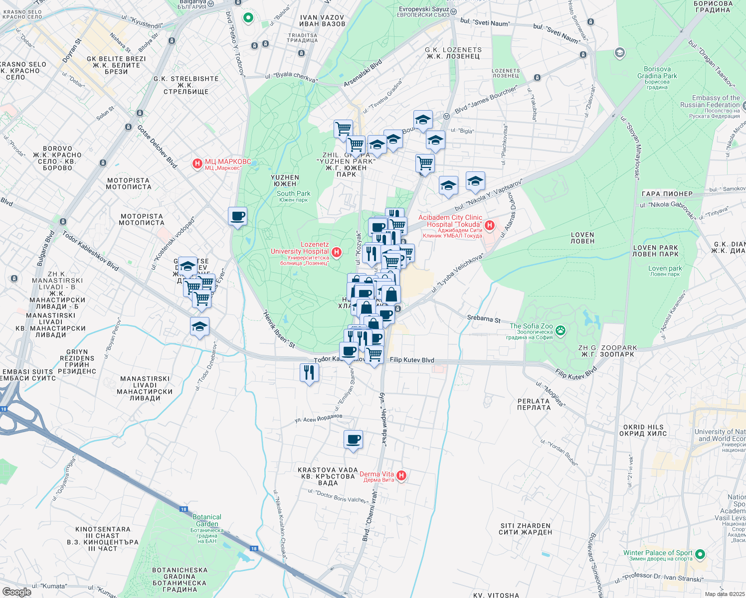 map of restaurants, bars, coffee shops, grocery stores, and more near 27 ulitsa "Banat" in Sofia
