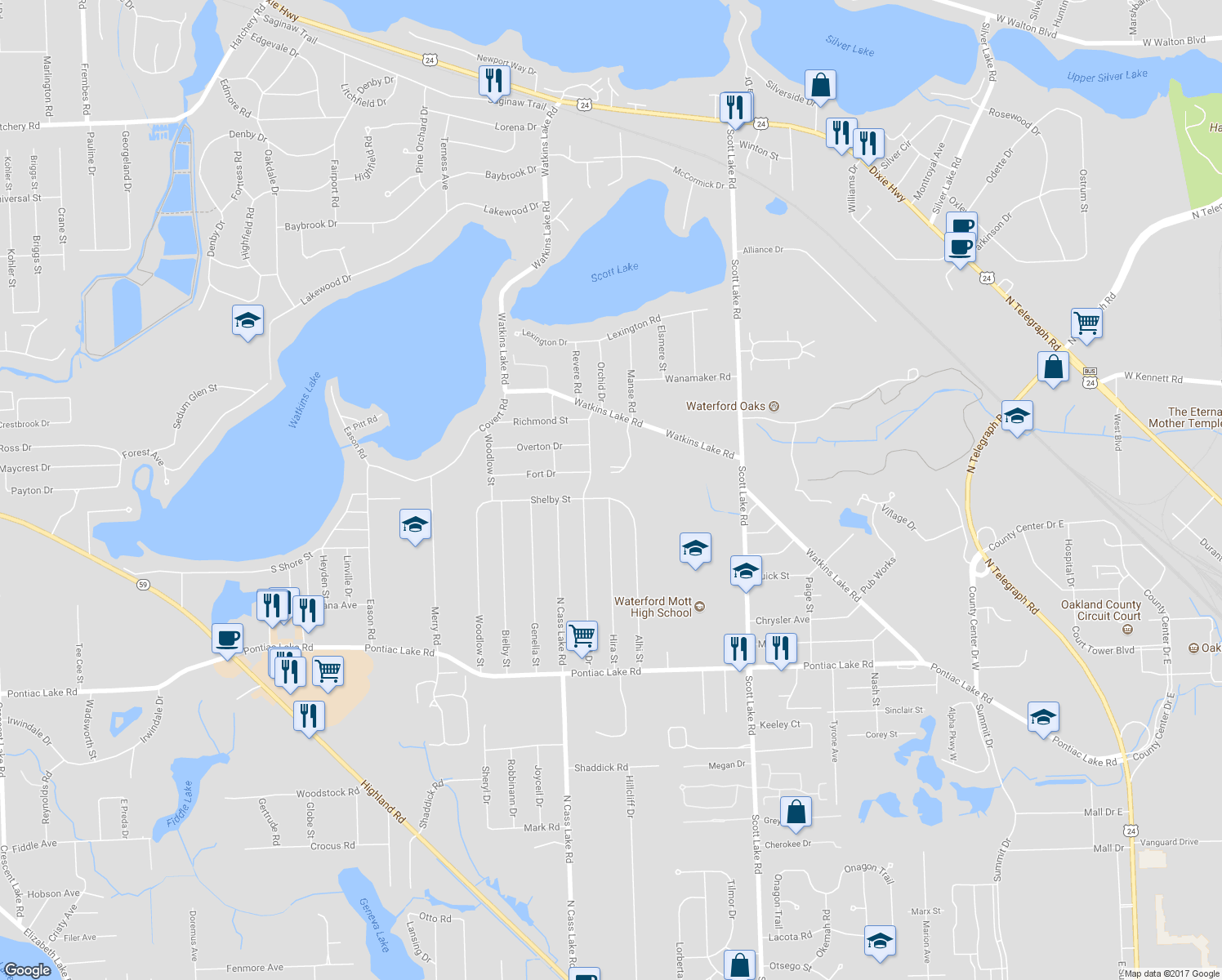 map of restaurants, bars, coffee shops, grocery stores, and more near 1496 Alhi Street in Waterford Township
