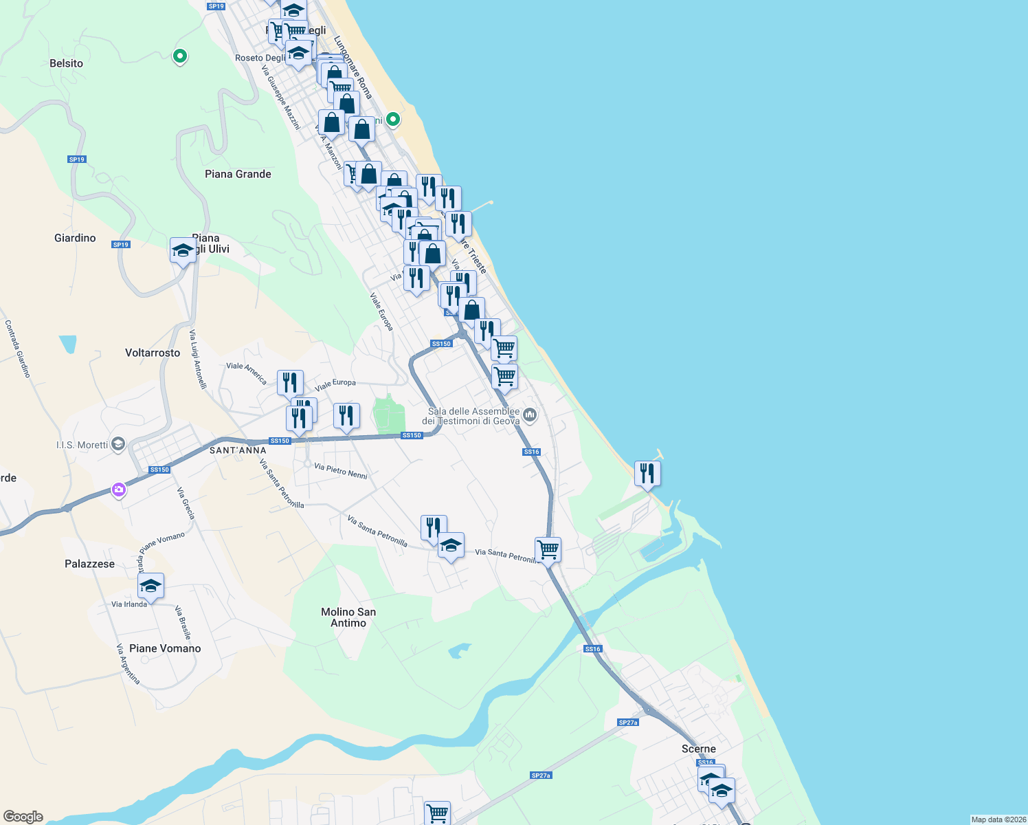 map of restaurants, bars, coffee shops, grocery stores, and more near 645 Via Nazionale in Roseto degli Abruzzi