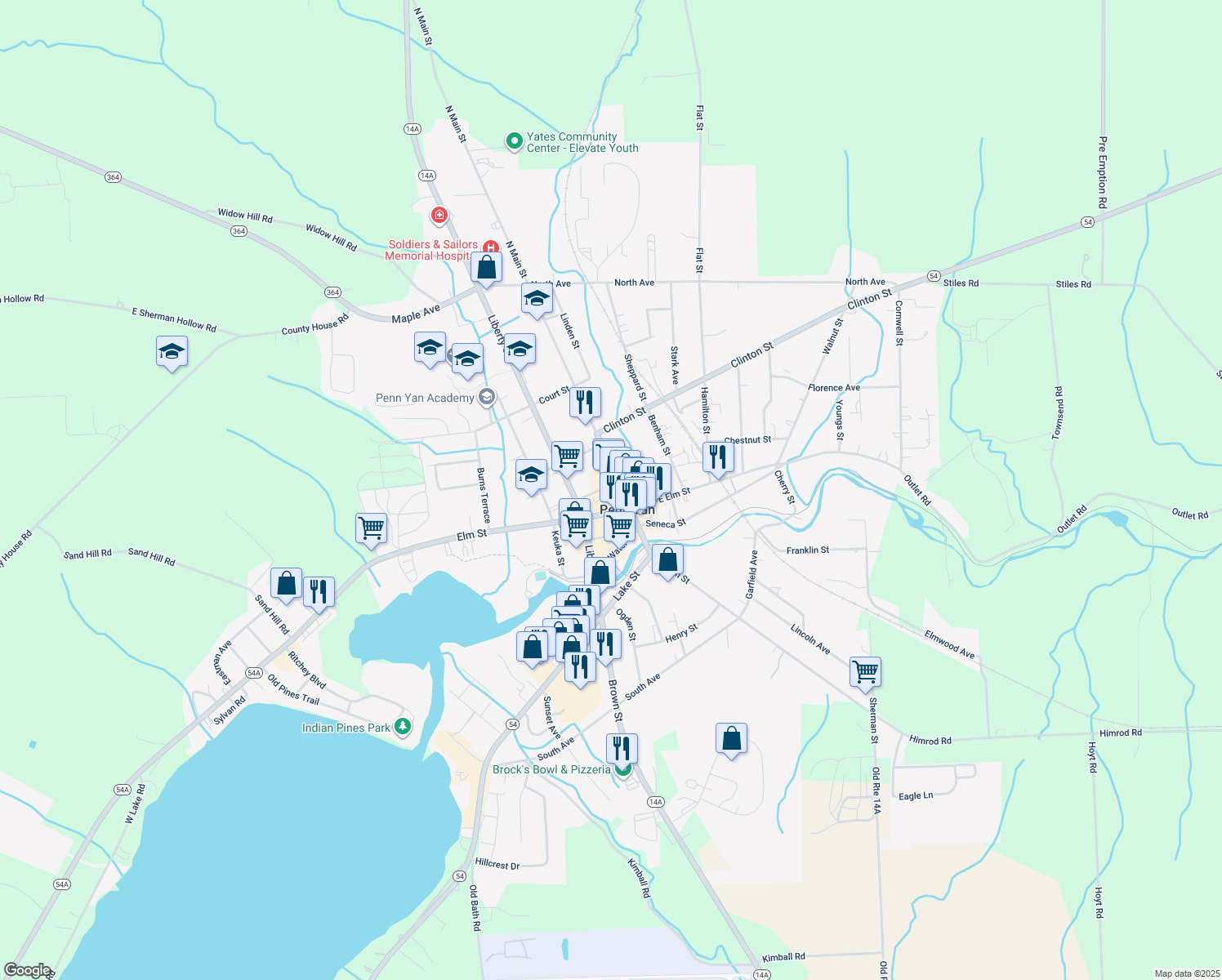 map of restaurants, bars, coffee shops, grocery stores, and more near 3 Maiden Lane in Penn Yan