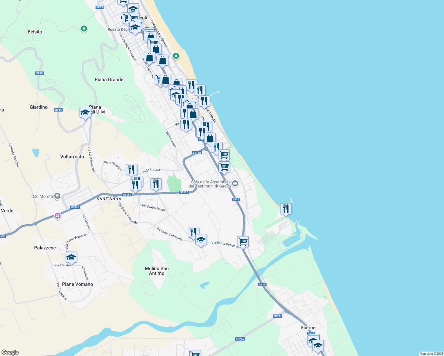 map of restaurants, bars, coffee shops, grocery stores, and more near 645 Via Nazionale in Roseto degli Abruzzi
