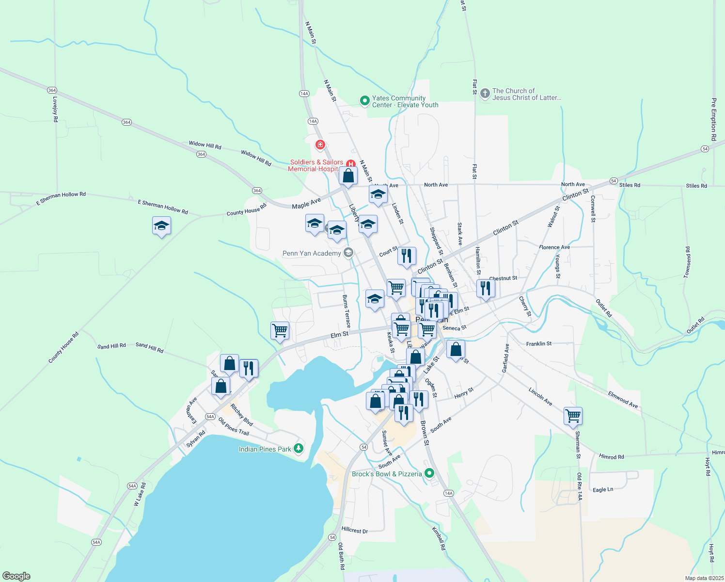 map of restaurants, bars, coffee shops, grocery stores, and more near 99 Violet Ave in Penn Yan