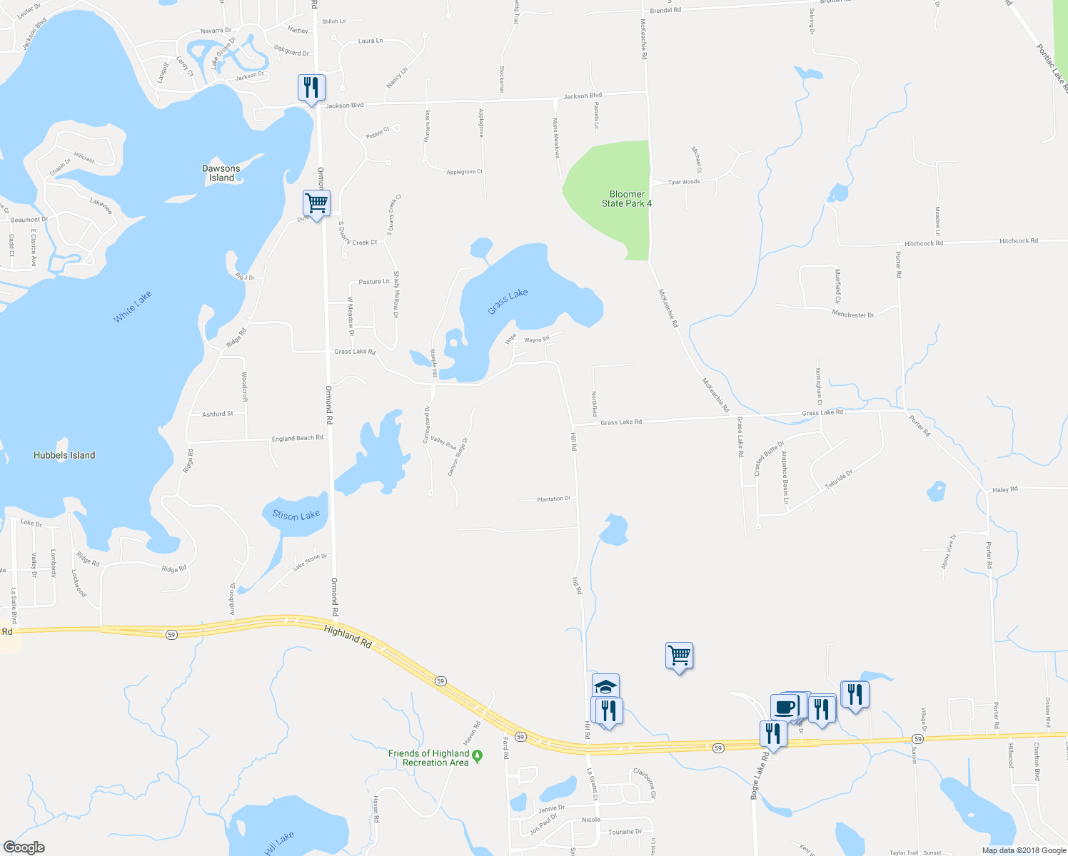 map of restaurants, bars, coffee shops, grocery stores, and more near 2301 Hill Road in White Lake charter Township