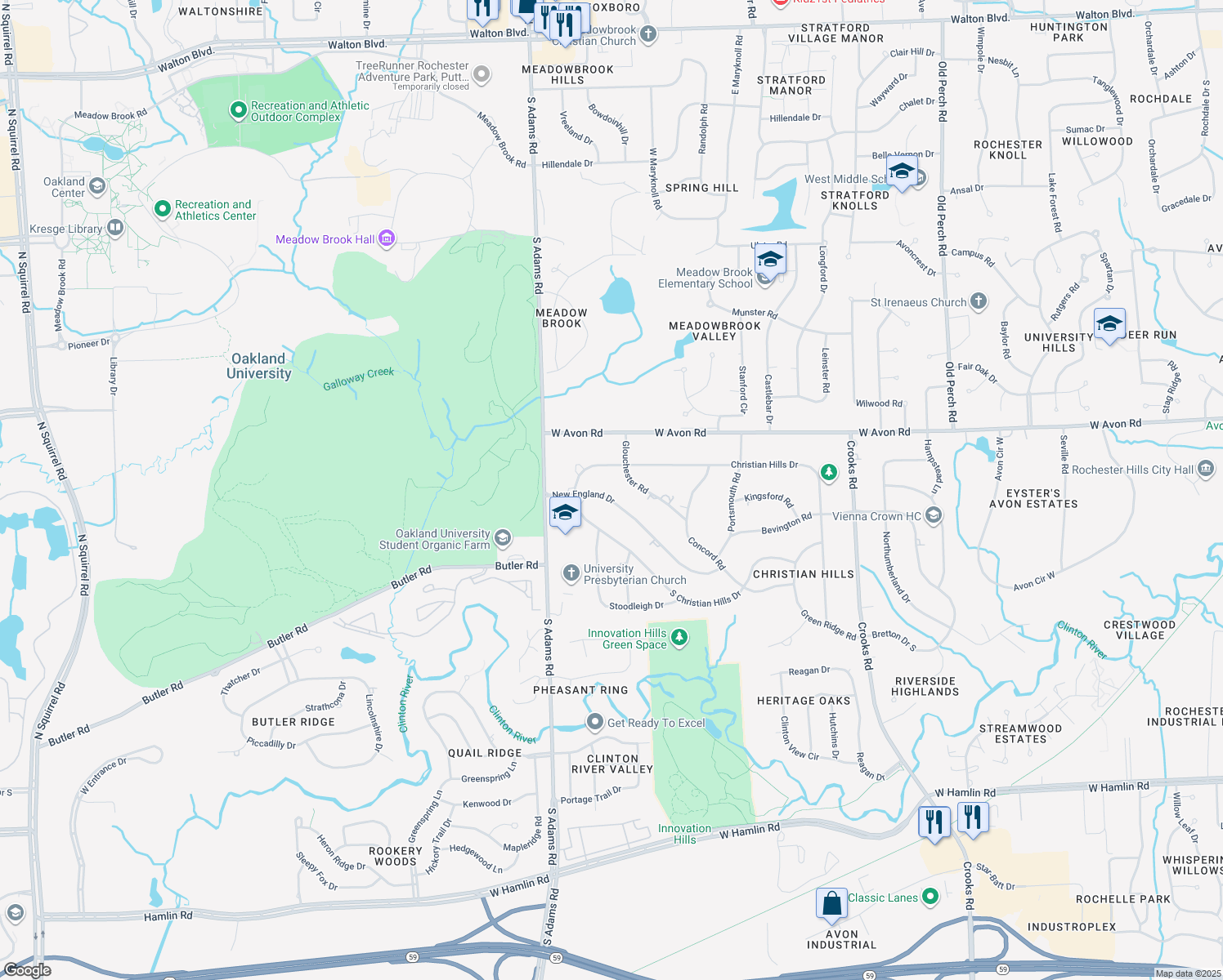 map of restaurants, bars, coffee shops, grocery stores, and more near 2764 New England Drive in Rochester Hills