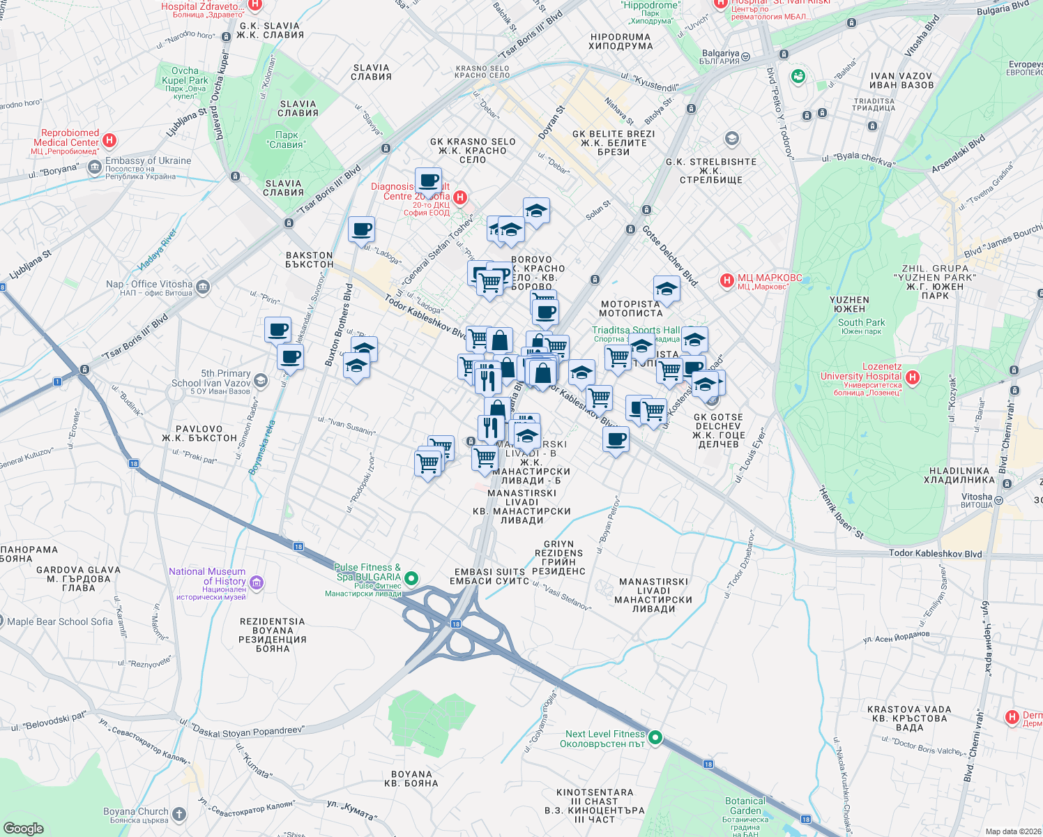 map of restaurants, bars, coffee shops, grocery stores, and more near 73 bulevard "Bulgaria" in Sofia