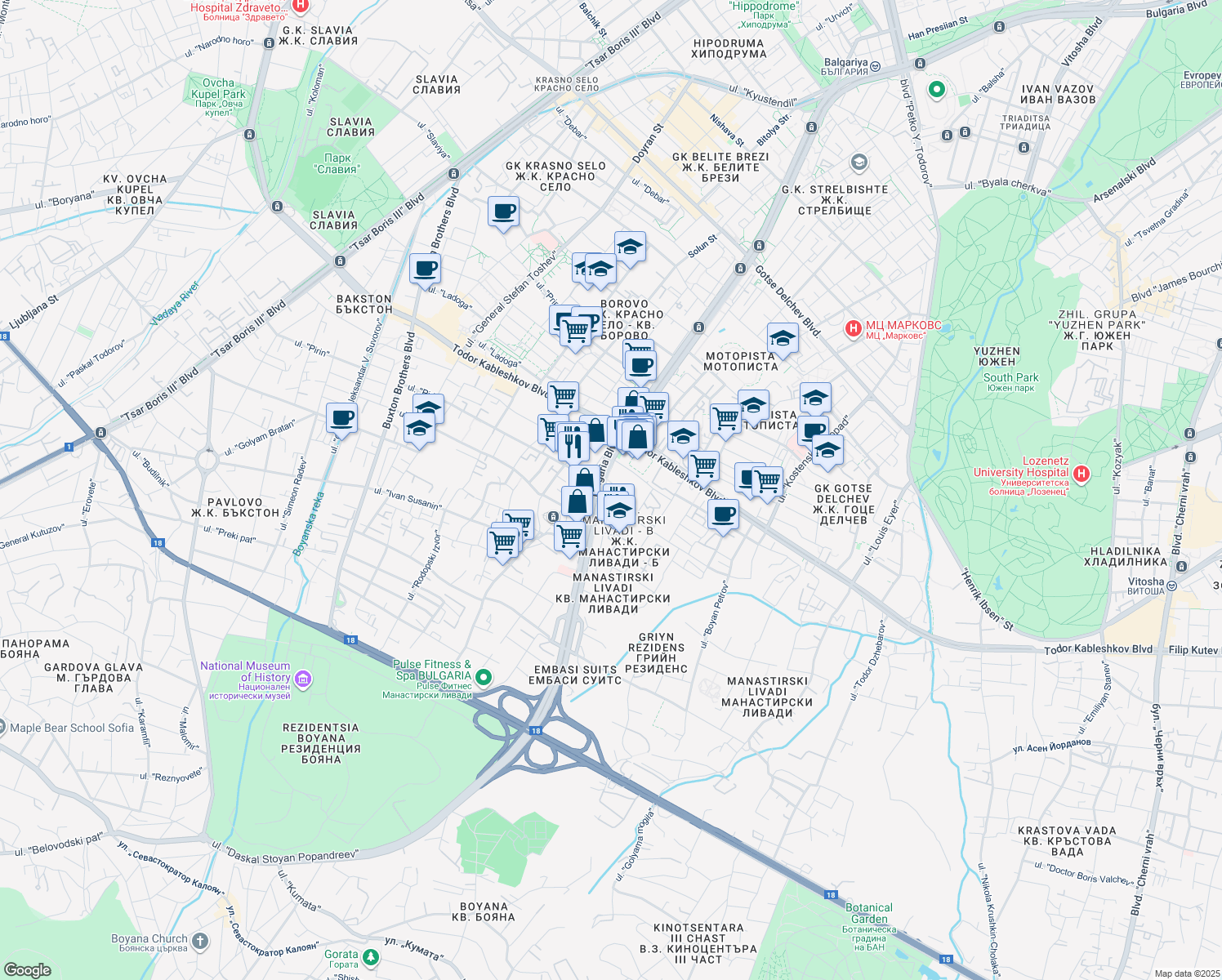 map of restaurants, bars, coffee shops, grocery stores, and more near 73 Bulevard "Bulgaria" in Sofia