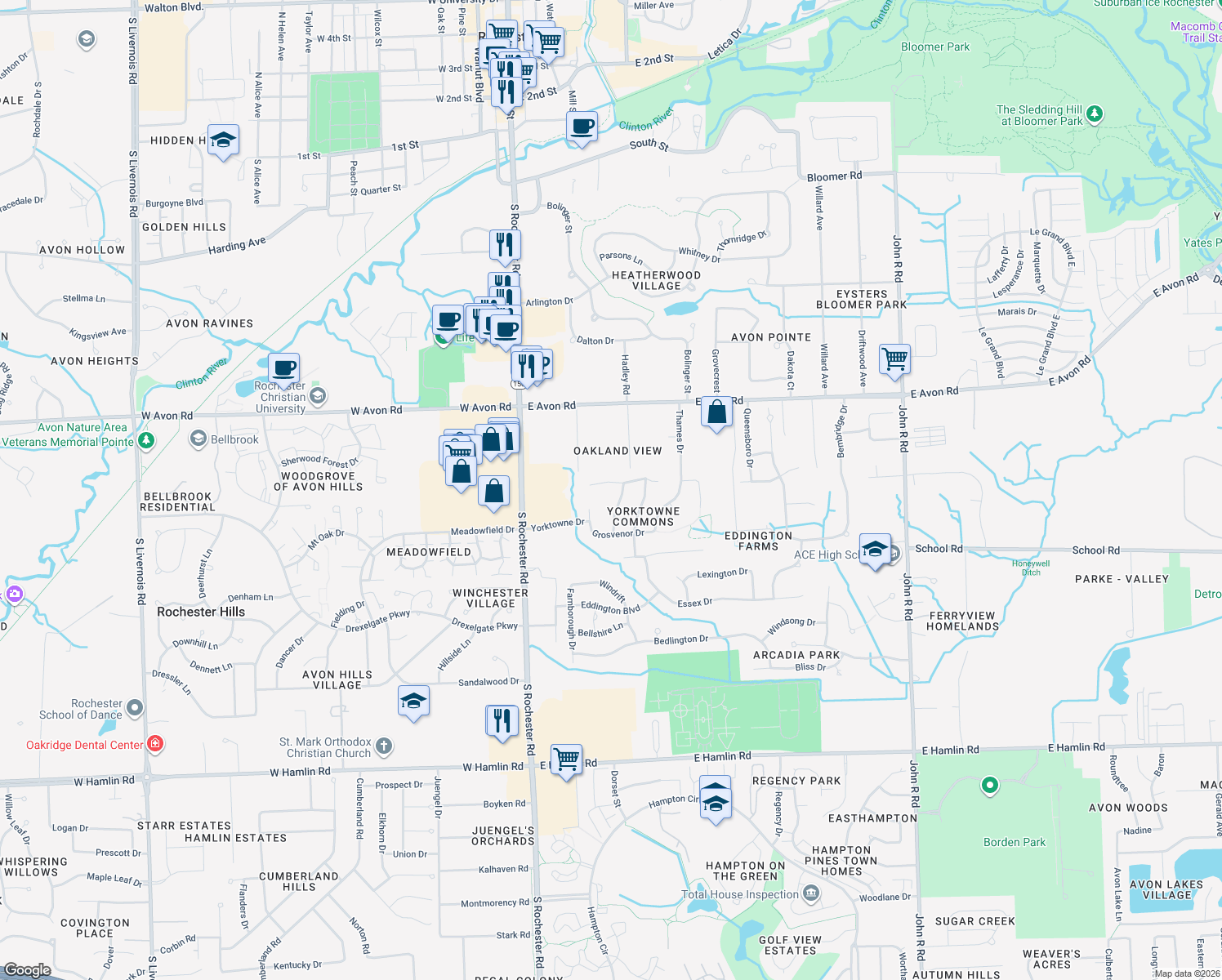 map of restaurants, bars, coffee shops, grocery stores, and more near 162 Saxon Court in Rochester Hills