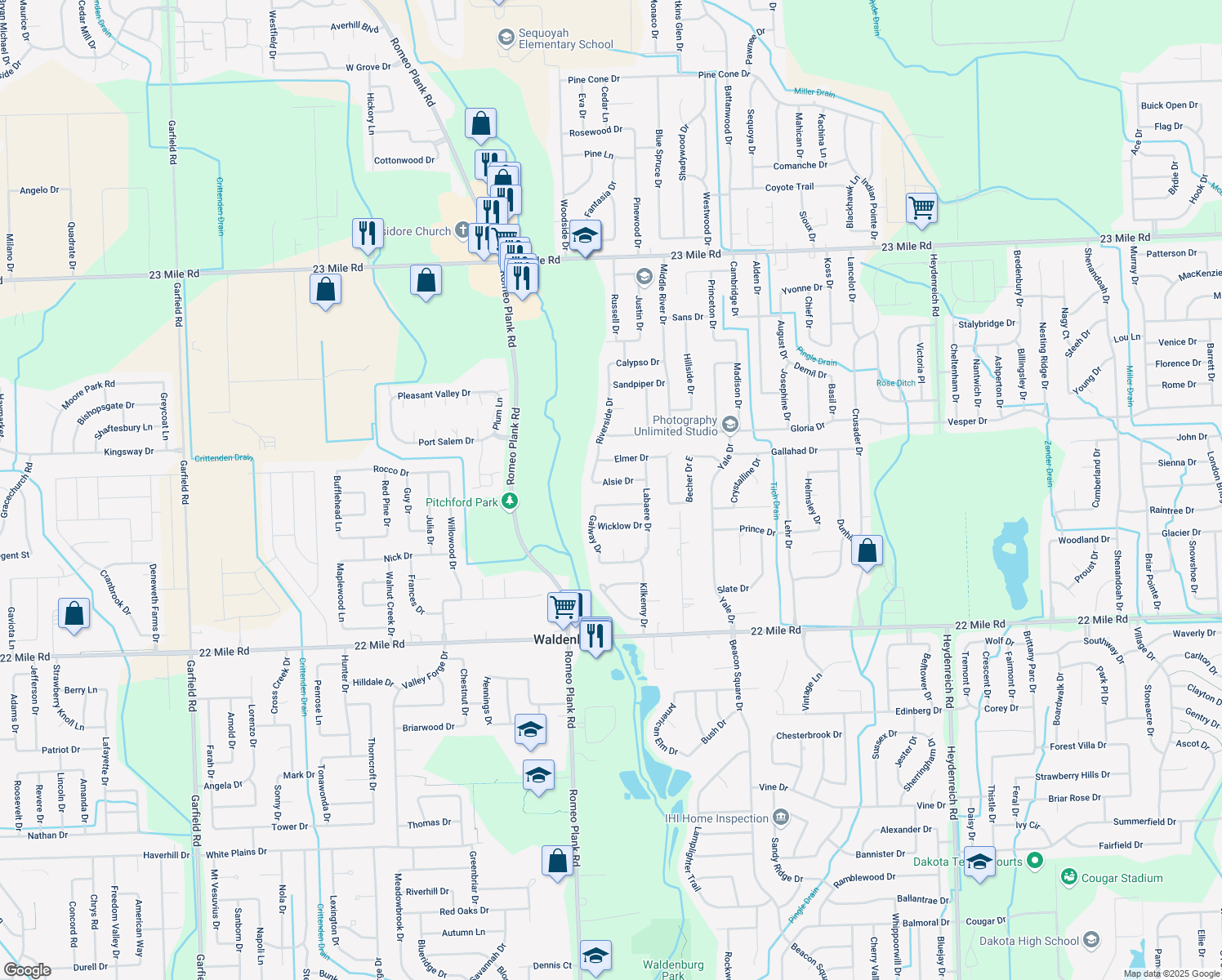 map of restaurants, bars, coffee shops, grocery stores, and more near 18916 Alsie Dr in Macomb