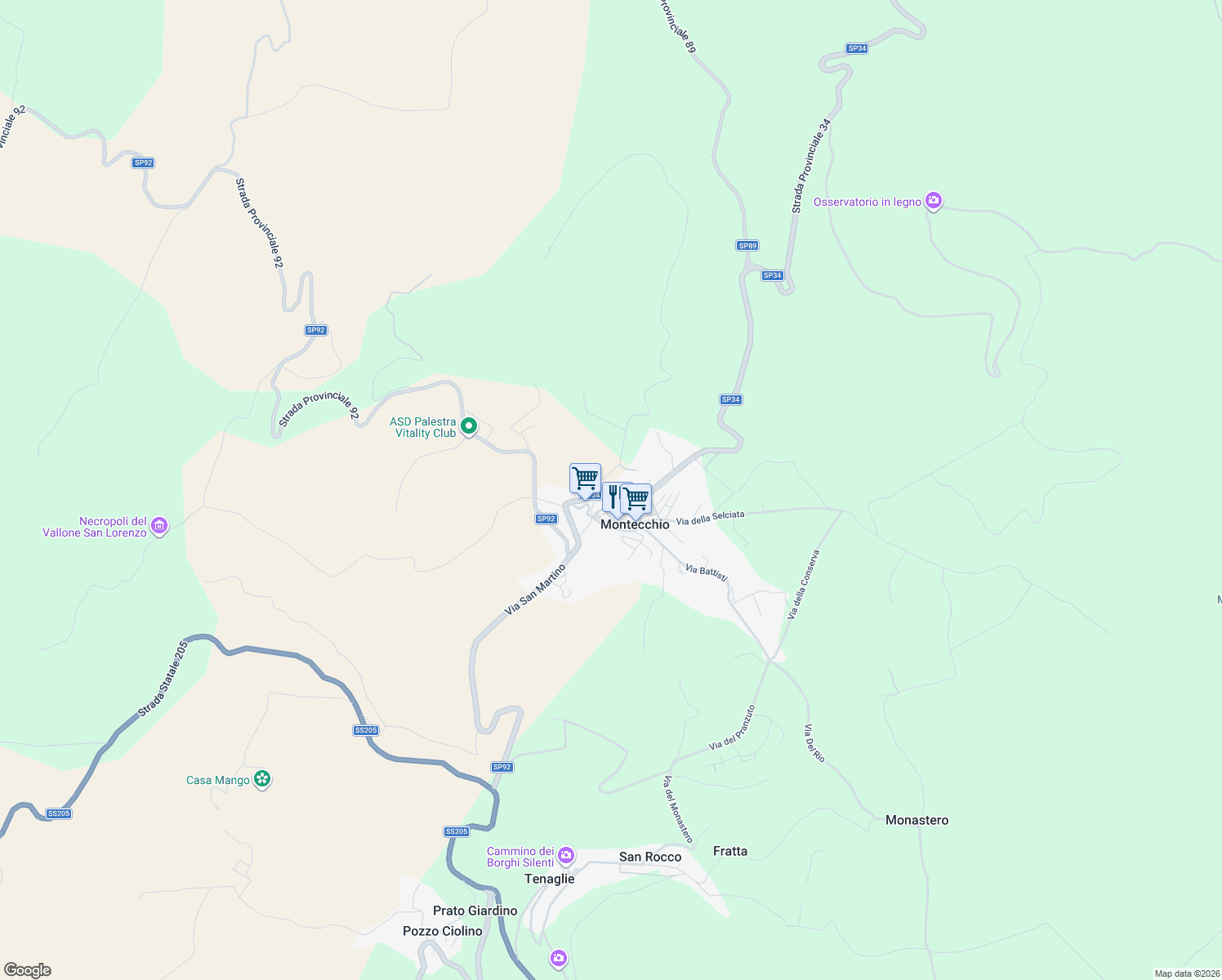 map of restaurants, bars, coffee shops, grocery stores, and more near 7 Strada Provinciale 34 in Terni