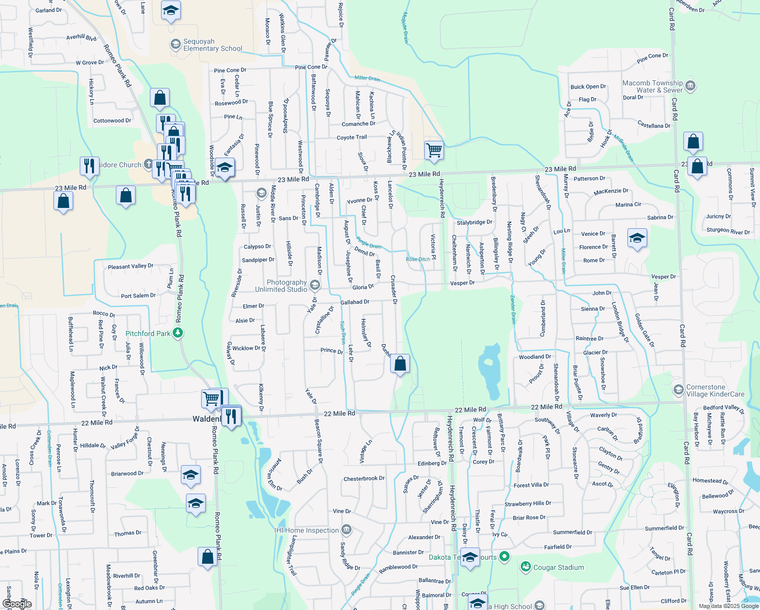 map of restaurants, bars, coffee shops, grocery stores, and more near 19956 Gallahad Dr in Macomb