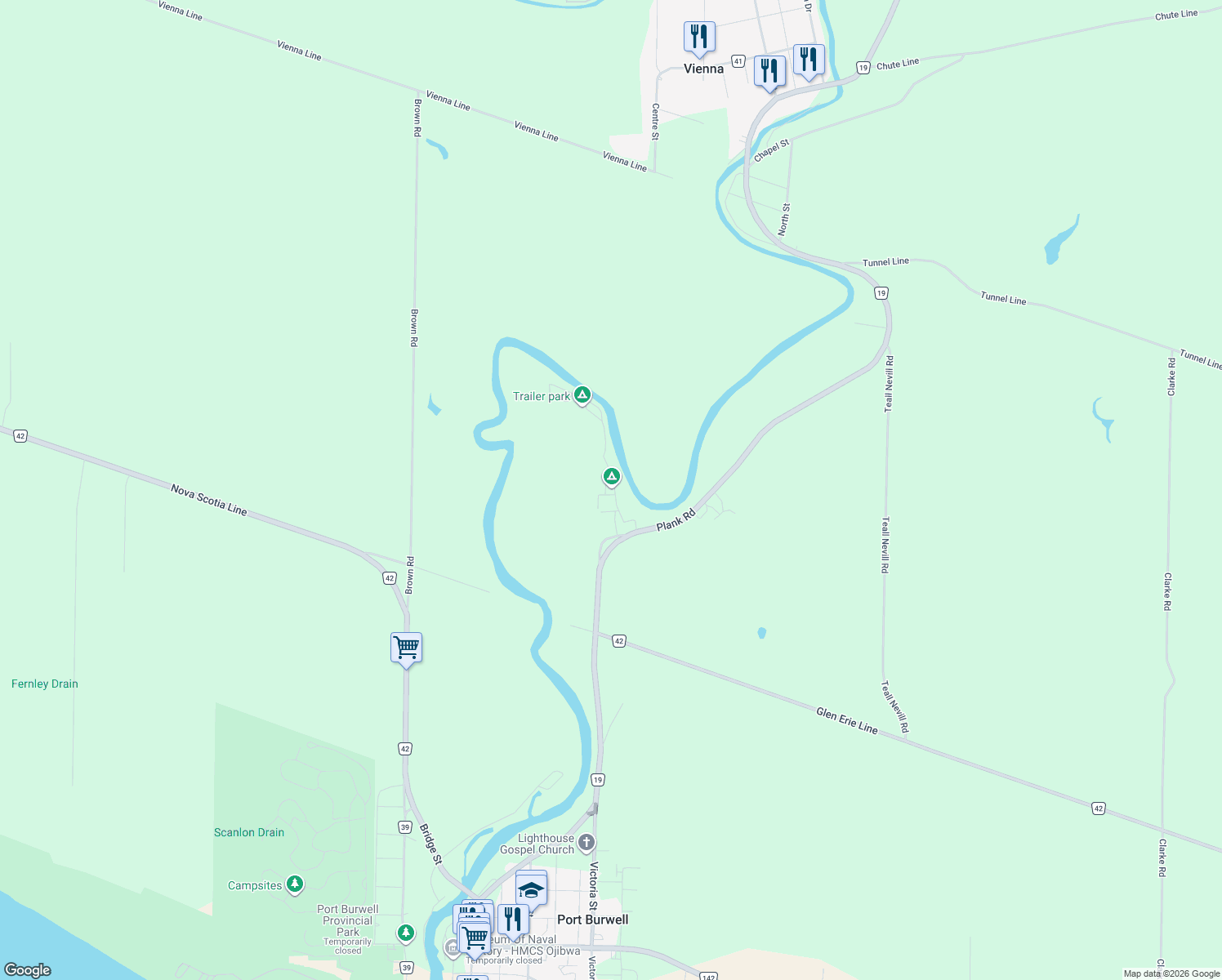 map of restaurants, bars, coffee shops, grocery stores, and more near 4899 Plank Road in Port Burwell