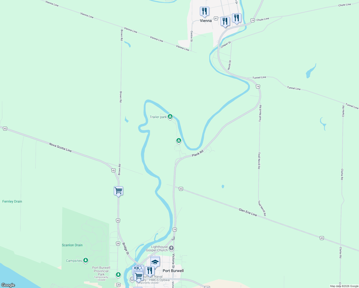 map of restaurants, bars, coffee shops, grocery stores, and more near 4899 Plank Road in Port Burwell