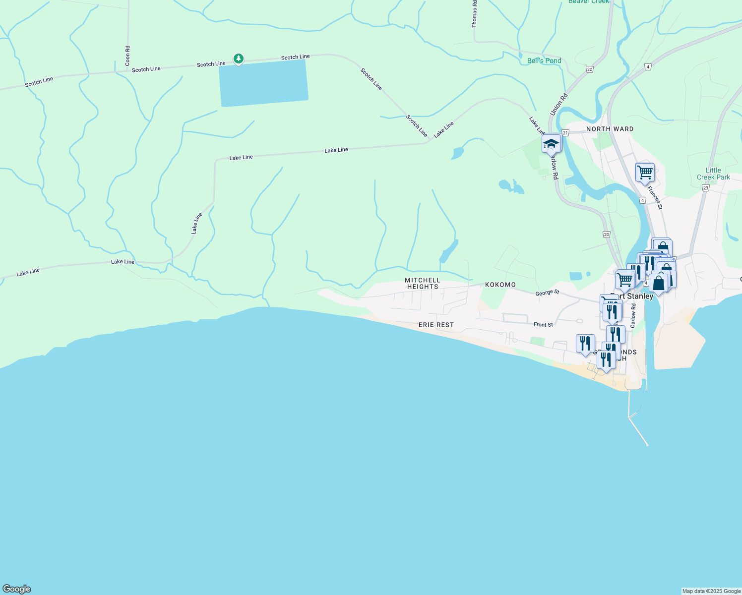 map of restaurants, bars, coffee shops, grocery stores, and more near 562 George Street in Port Stanley