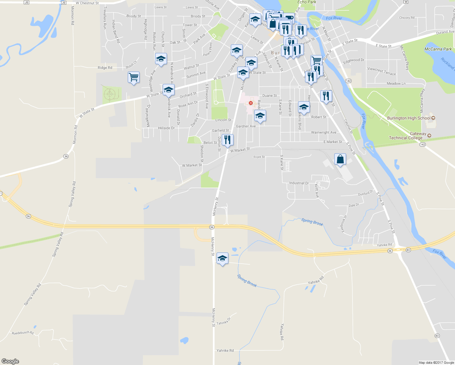 map of restaurants, bars, coffee shops, grocery stores, and more near 756 McHenry Street in Burlington