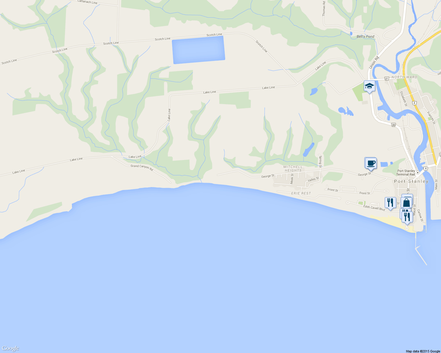 map of restaurants, bars, coffee shops, grocery stores, and more near 654 George Street in Port Stanley