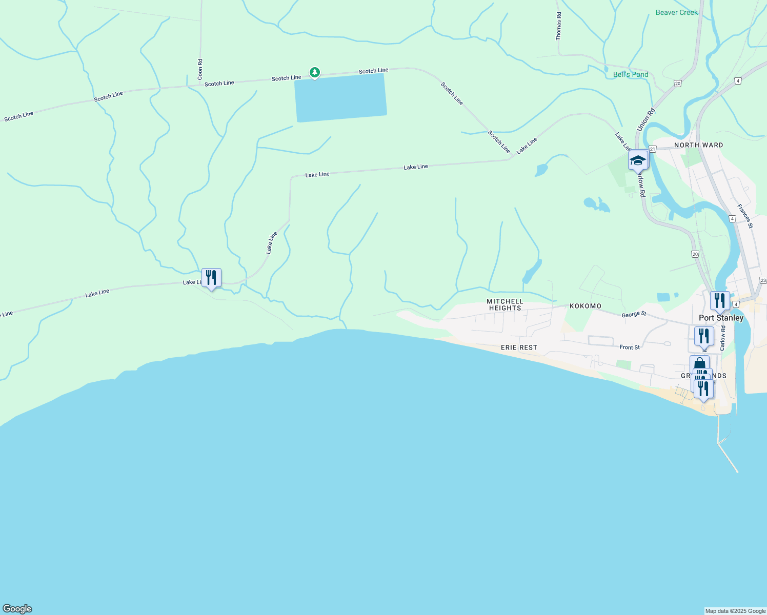 map of restaurants, bars, coffee shops, grocery stores, and more near 654 George Street in Port Stanley