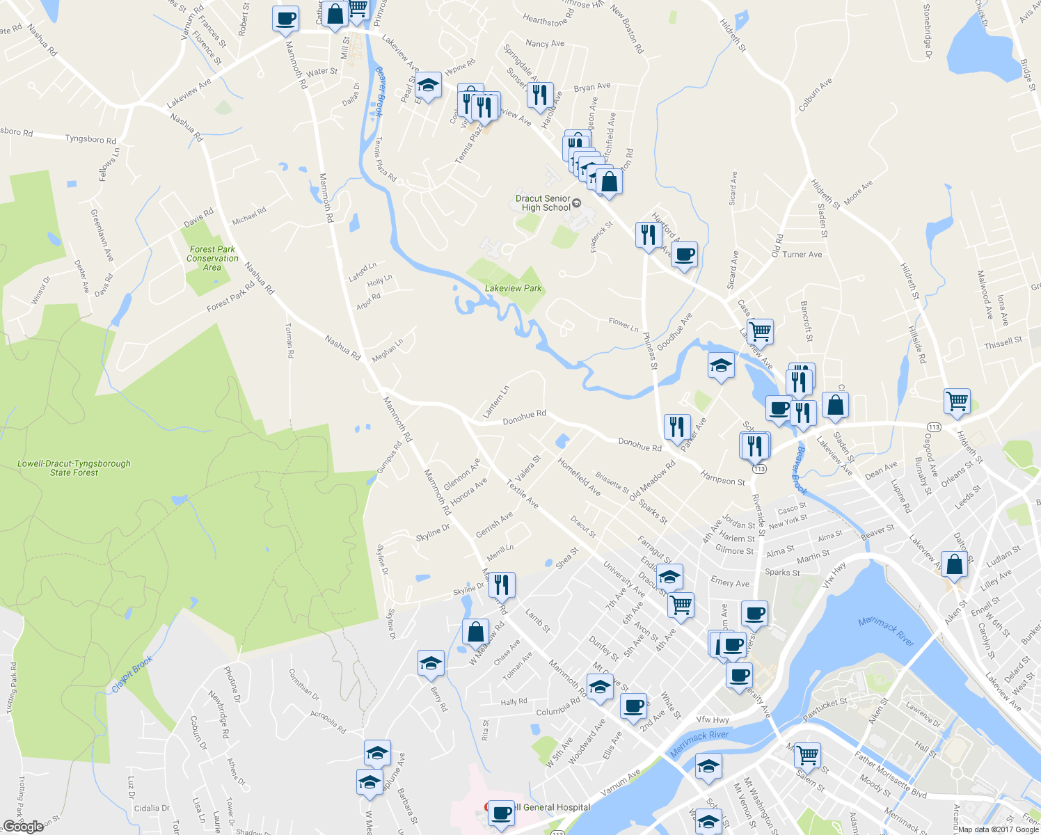 map of restaurants, bars, coffee shops, grocery stores, and more near 207 Donohue Road in Dracut