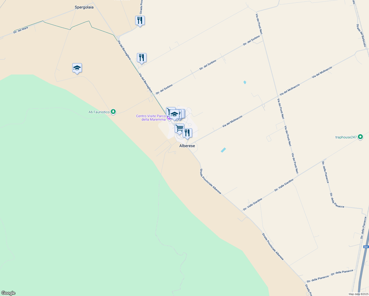 map of restaurants, bars, coffee shops, grocery stores, and more near 1 Via del Geniere in Alberese
