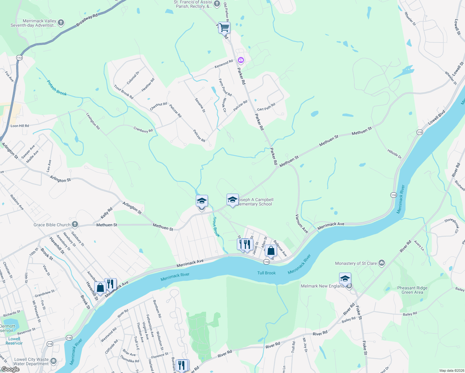 map of restaurants, bars, coffee shops, grocery stores, and more near 25 Tellier Way in Dracut
