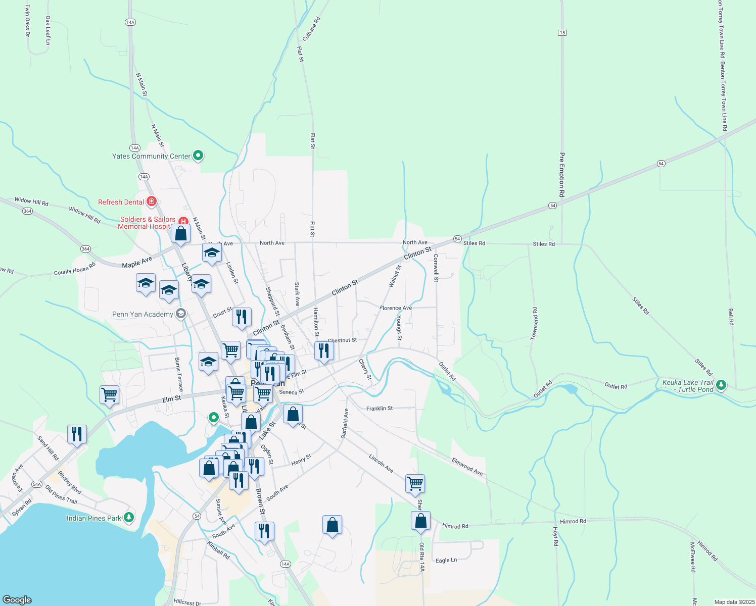 map of restaurants, bars, coffee shops, grocery stores, and more near 136 Walnut St in Penn Yan