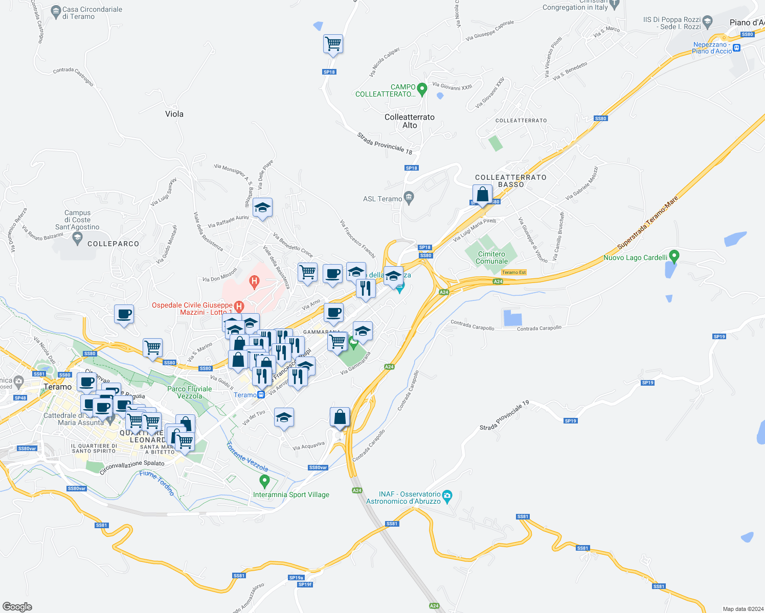 map of restaurants, bars, coffee shops, grocery stores, and more near 52 Via Luigi Tripoti in Teramo