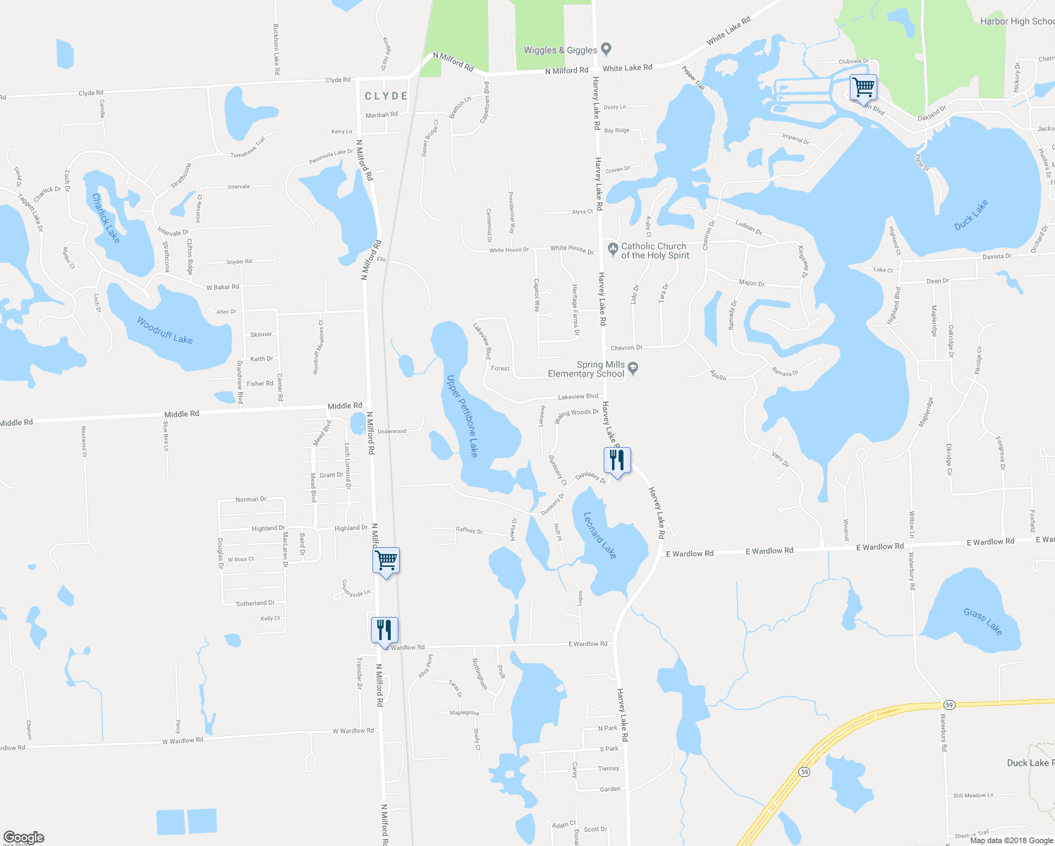 map of restaurants, bars, coffee shops, grocery stores, and more near 2915 Lakeway in Highland Charter Township
