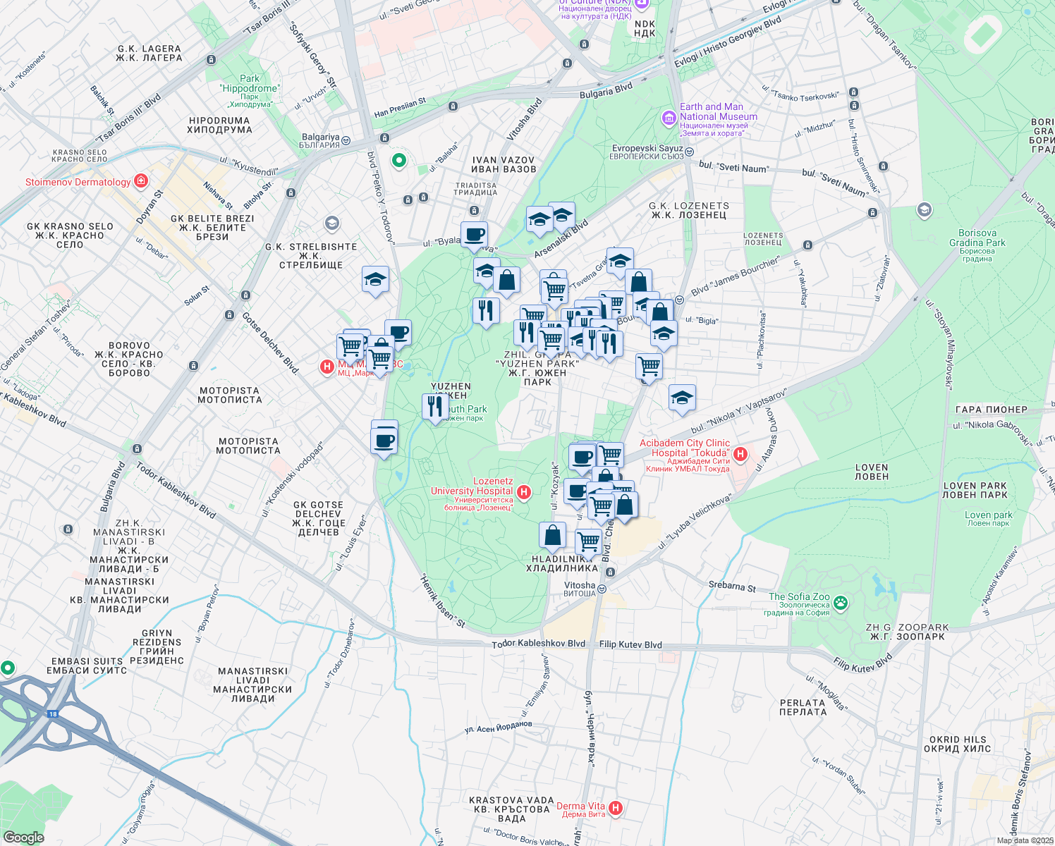 map of restaurants, bars, coffee shops, grocery stores, and more near 16 ulitsa "Kozyak" in Sofia