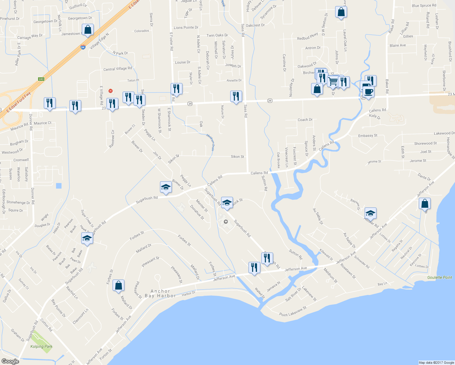 map of restaurants, bars, coffee shops, grocery stores, and more near 48746 Callens Road in New Baltimore
