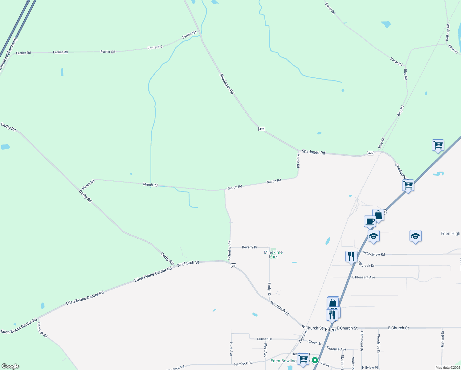 map of restaurants, bars, coffee shops, grocery stores, and more near 2492 March Road in Eden
