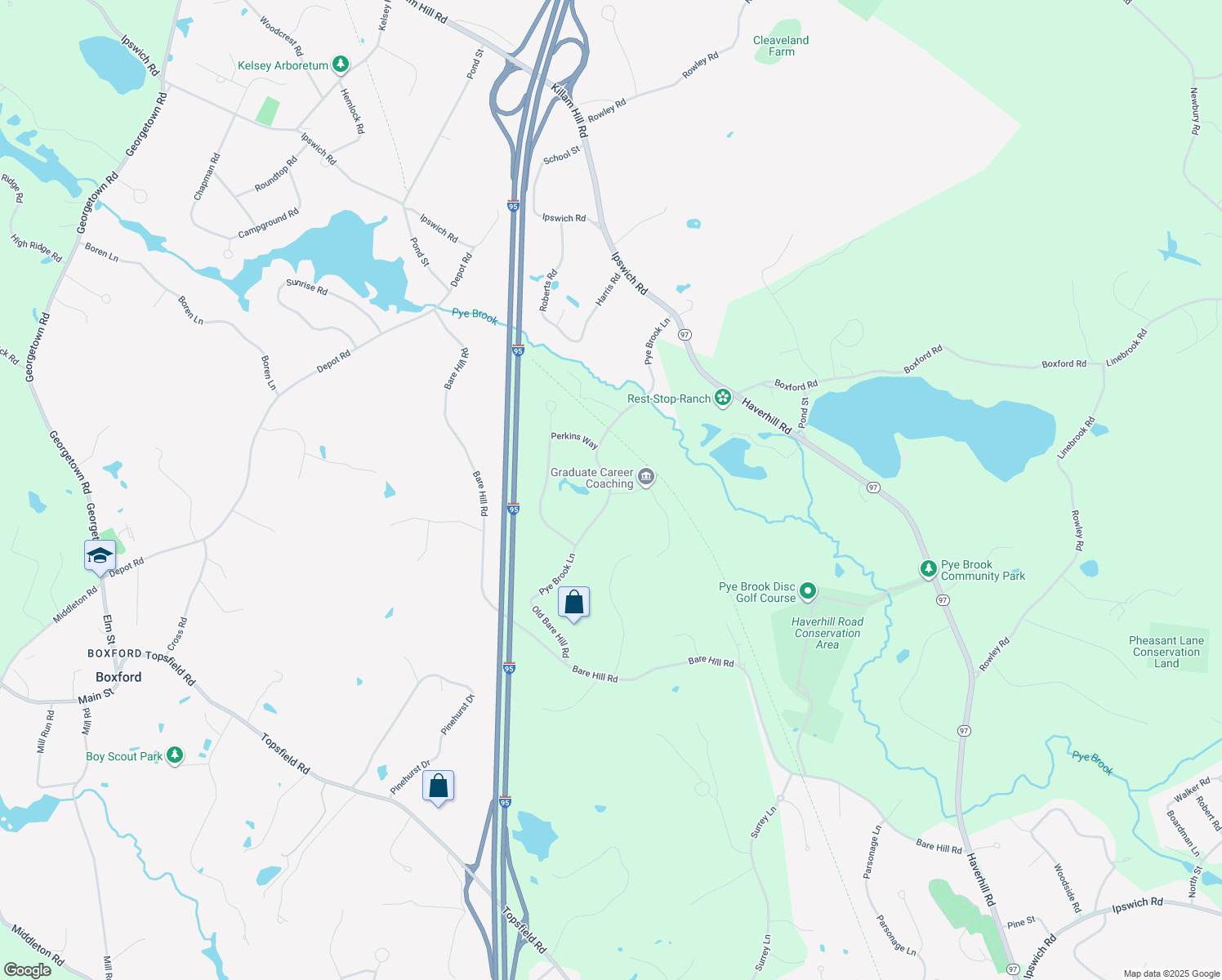 map of restaurants, bars, coffee shops, grocery stores, and more near 56 Pye Brook Lane in Boxford
