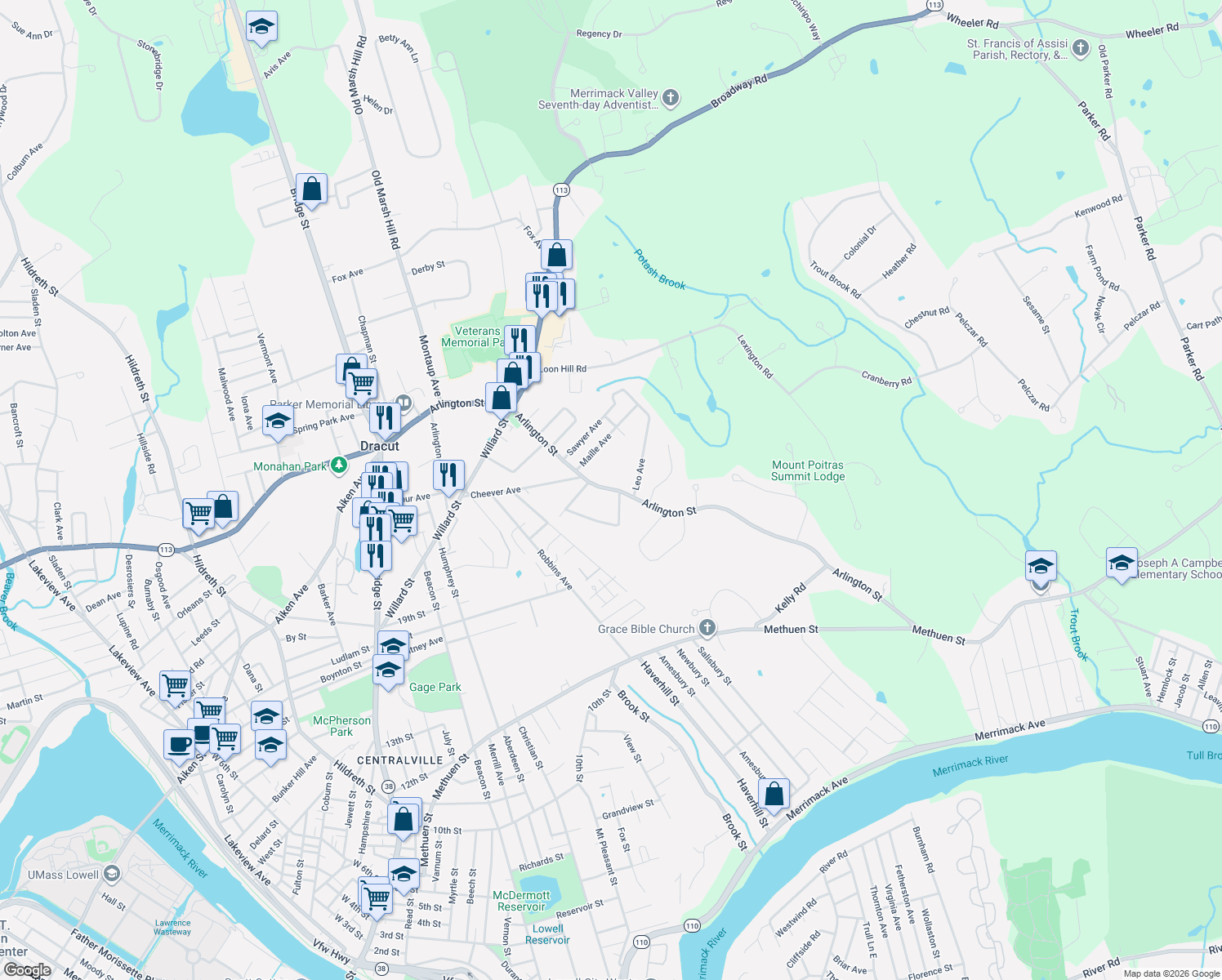 map of restaurants, bars, coffee shops, grocery stores, and more near 306 Arlington Street in Dracut