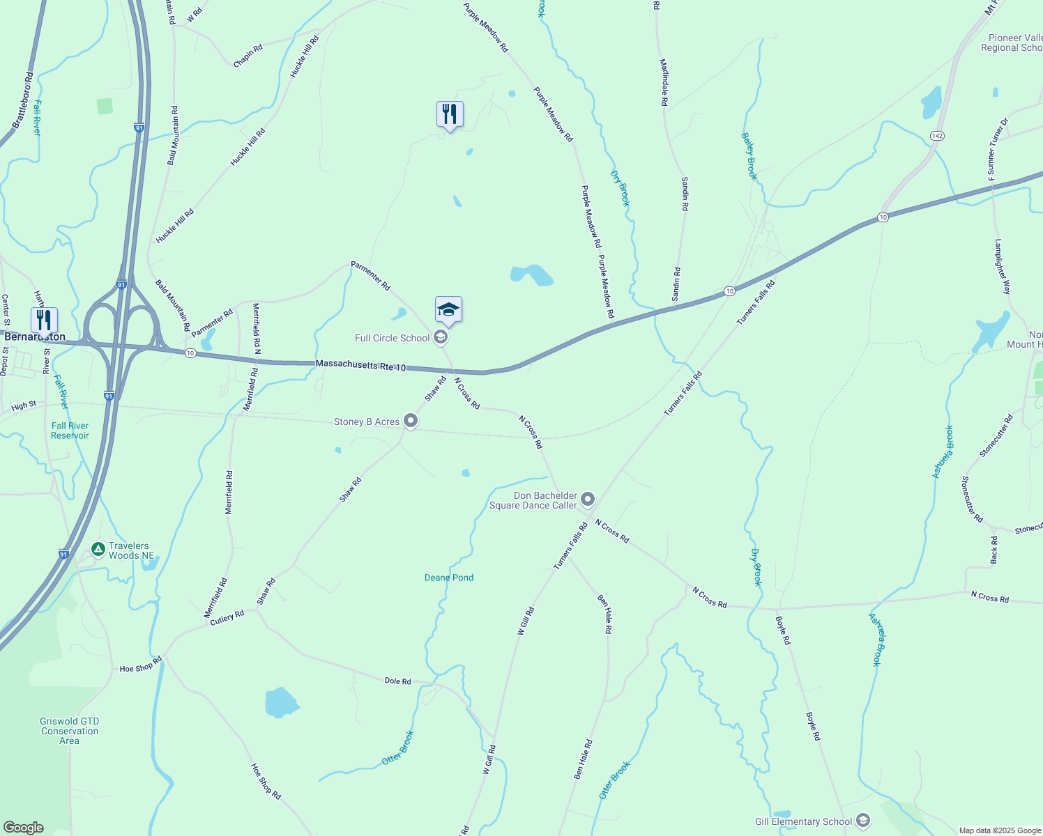 map of restaurants, bars, coffee shops, grocery stores, and more near 60 Gill Road in Bernardston