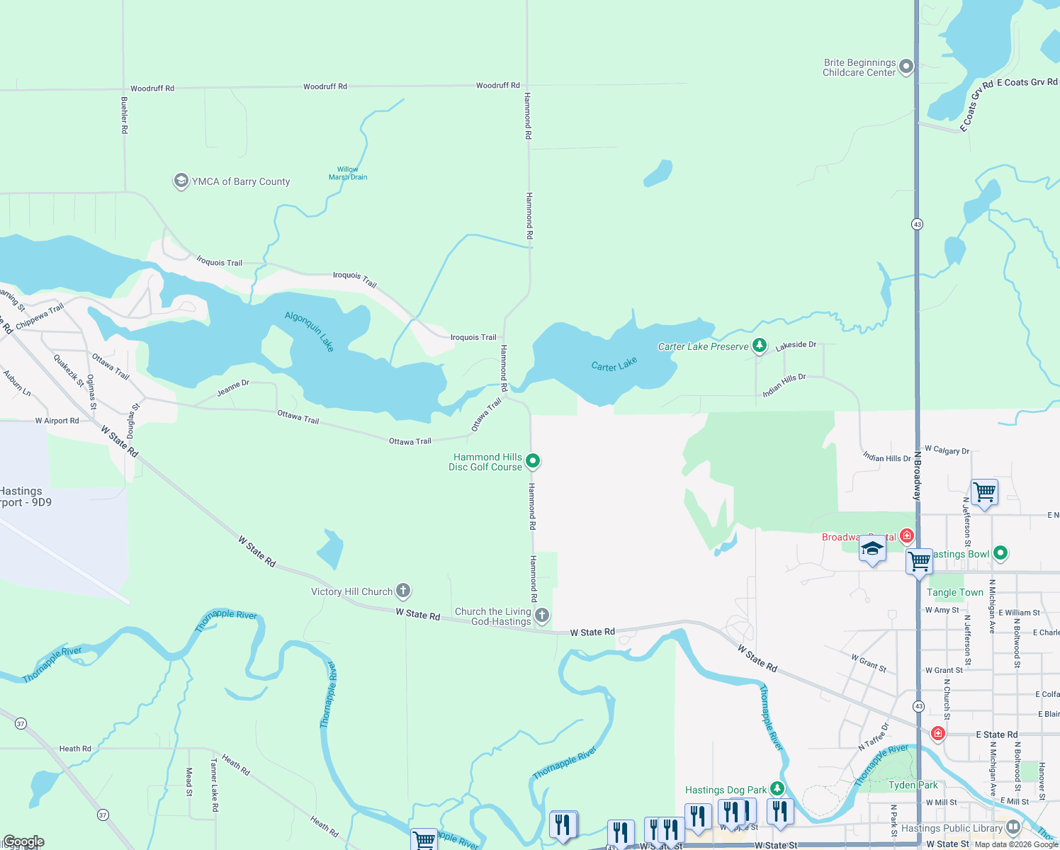 map of restaurants, bars, coffee shops, grocery stores, and more near 1145 Hammond Road in Hastings