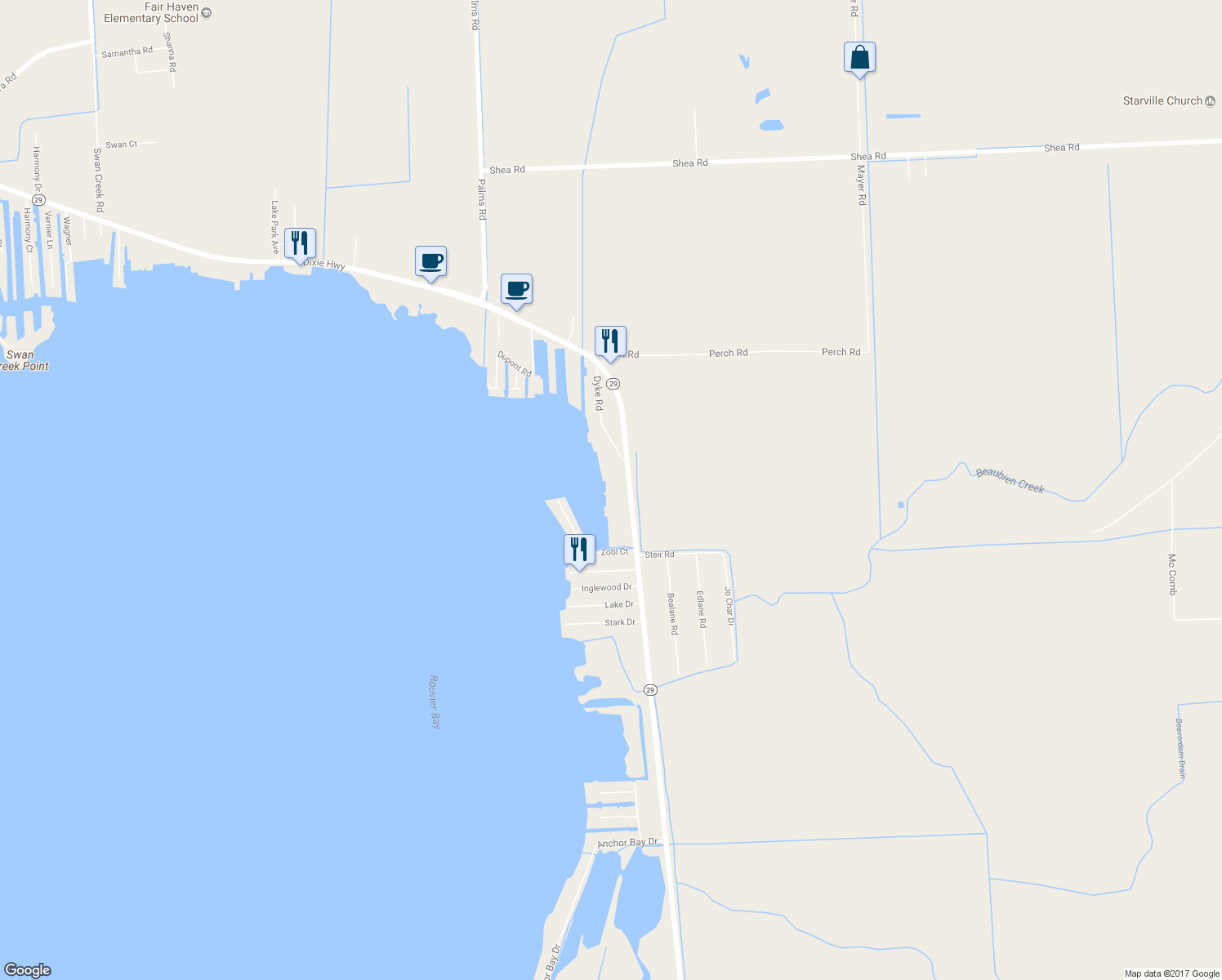 map of restaurants, bars, coffee shops, grocery stores, and more near 7585 Dyke Road in St. Clair County