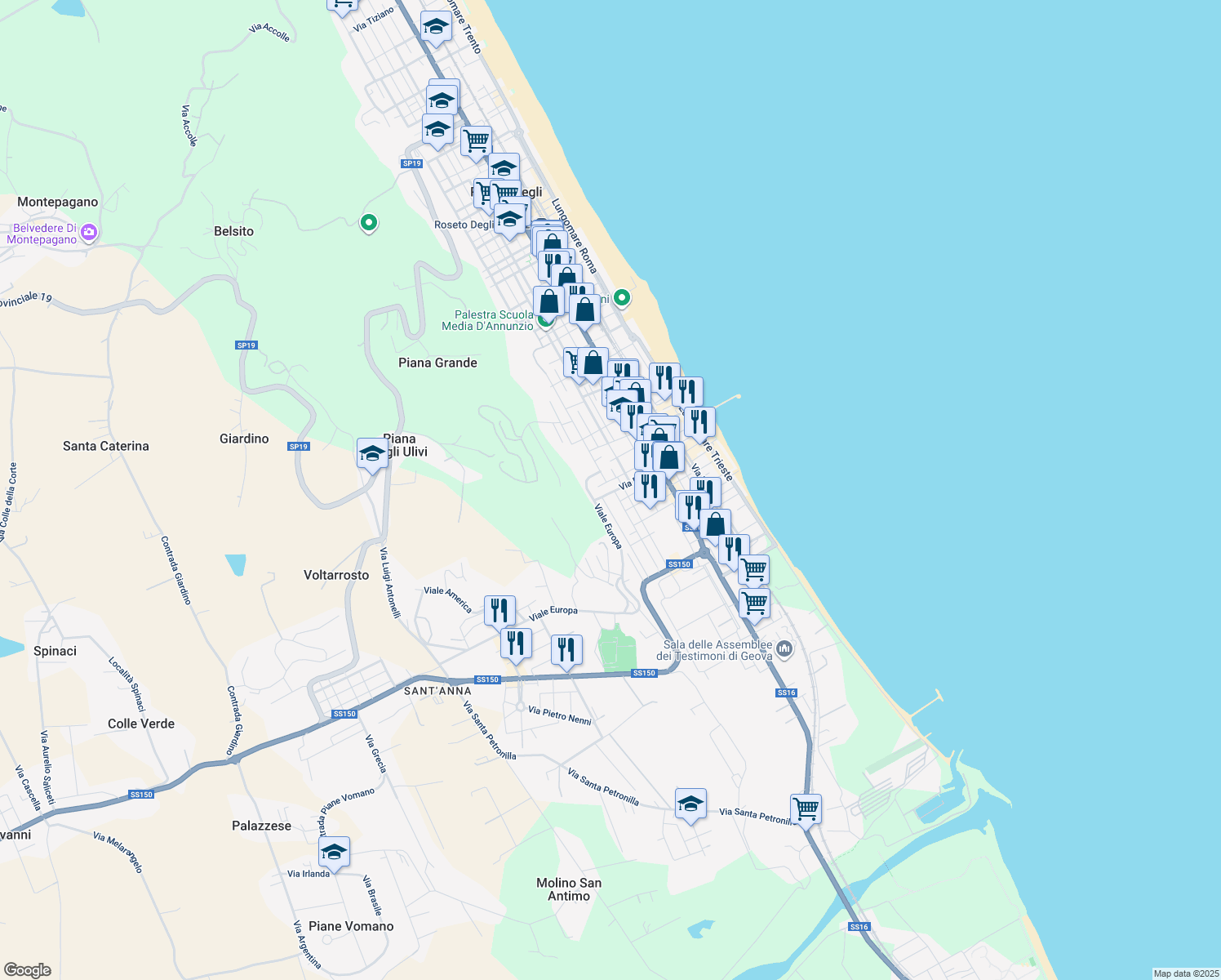 map of restaurants, bars, coffee shops, grocery stores, and more near 40 Via Piave in Roseto degli Abruzzi