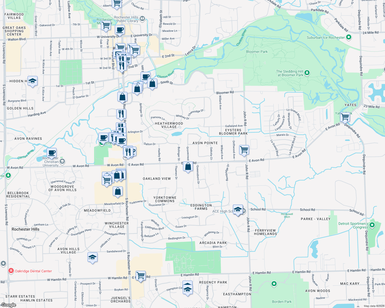 map of restaurants, bars, coffee shops, grocery stores, and more near 929 Grovecrest in Rochester Hills