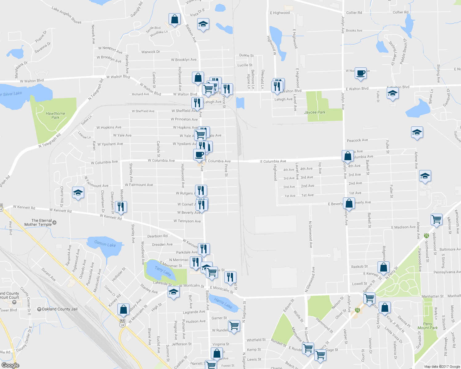 map of restaurants, bars, coffee shops, grocery stores, and more near 97 E Fairmount Ave in Pontiac