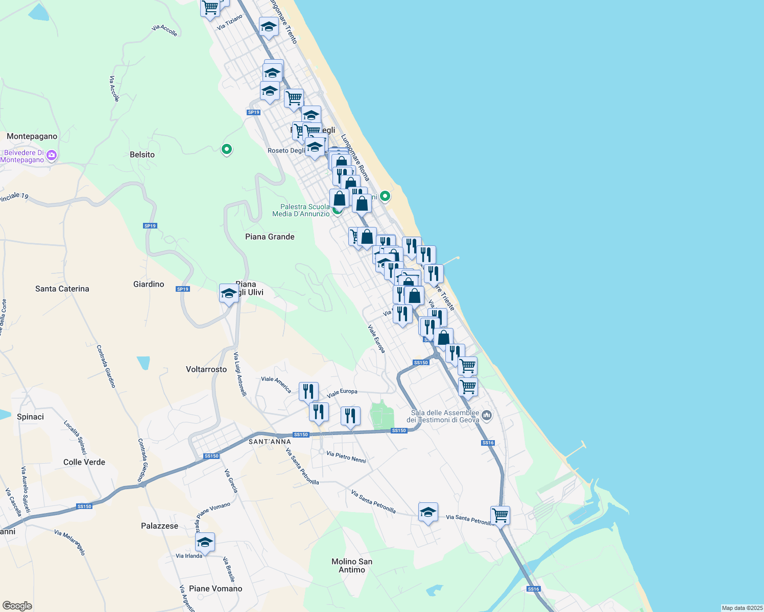 map of restaurants, bars, coffee shops, grocery stores, and more near 40 Via Piave in Roseto degli Abruzzi